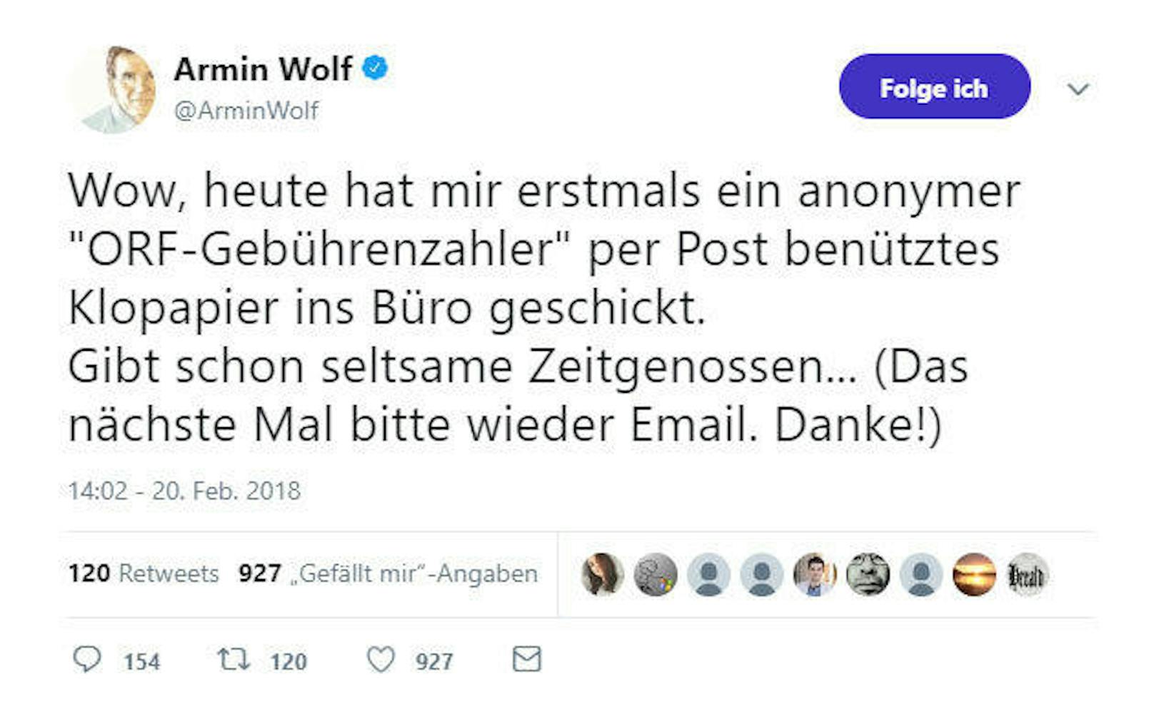 Vergangene Woche bekam ORF-Anchorman Armin Wolf offenbar benutztes Klopapier zugeschickt.