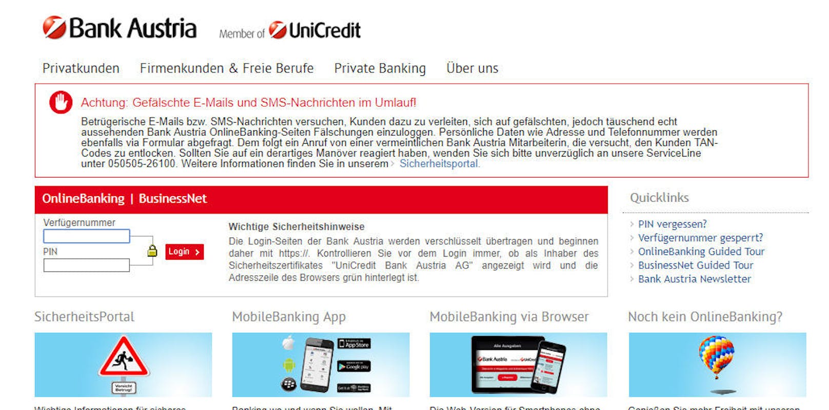 Warnung der Bank Austria auf ihrer Website.