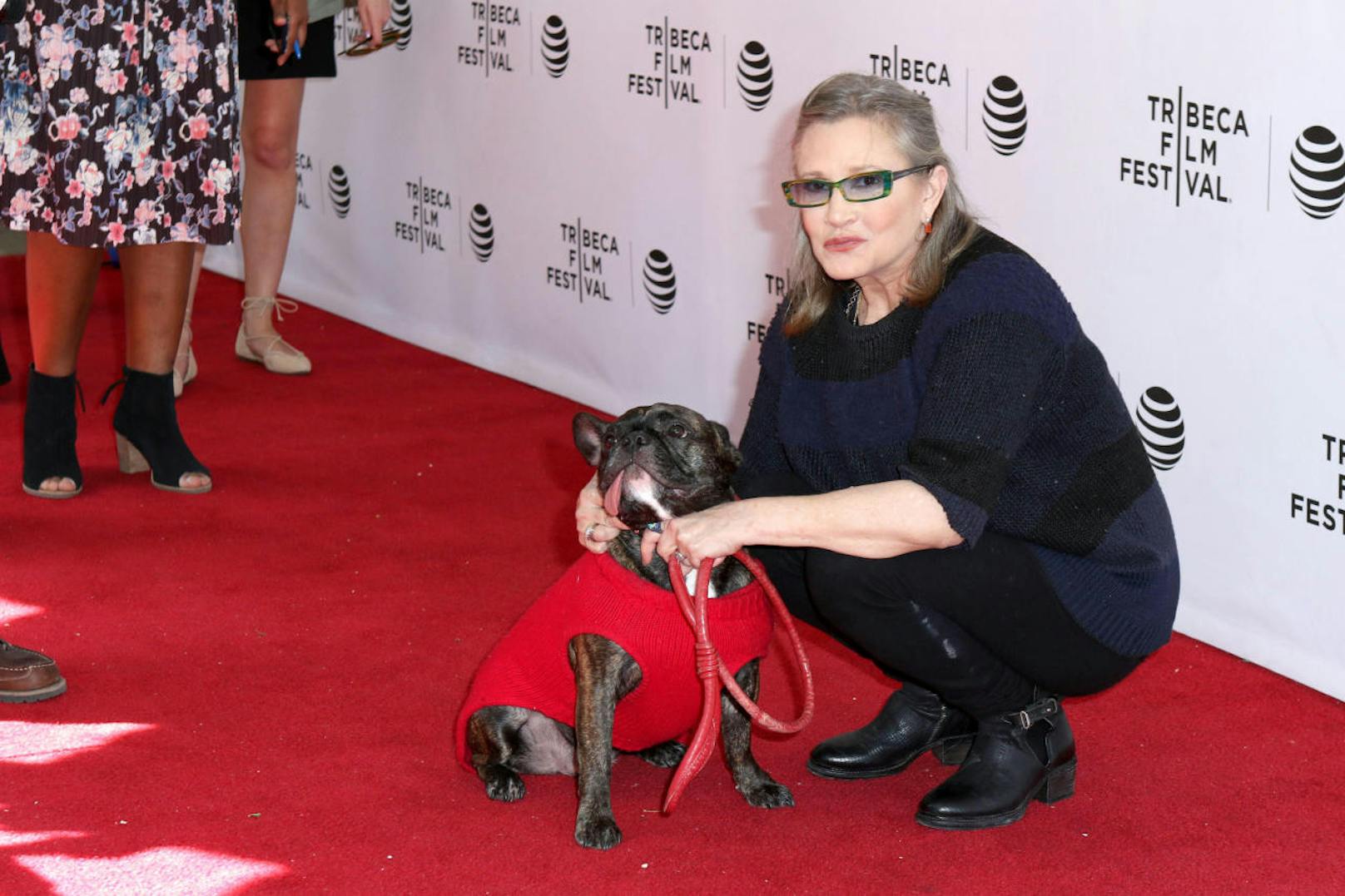 Carrie Fisher und ihr Hund Gary am 19. April 2016 in New York City. 