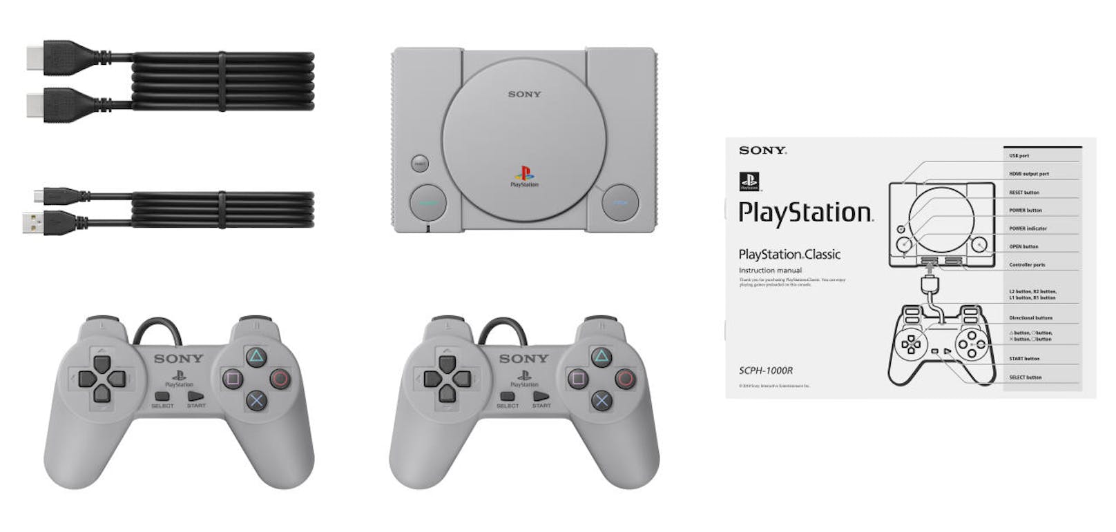 Die PlayStation Classic beinhaltet neben den 20 vorinstallierten Spielen eine virtuelle Memory Card, zwei Controller, ein HDMI- und ein USB-Kabel.