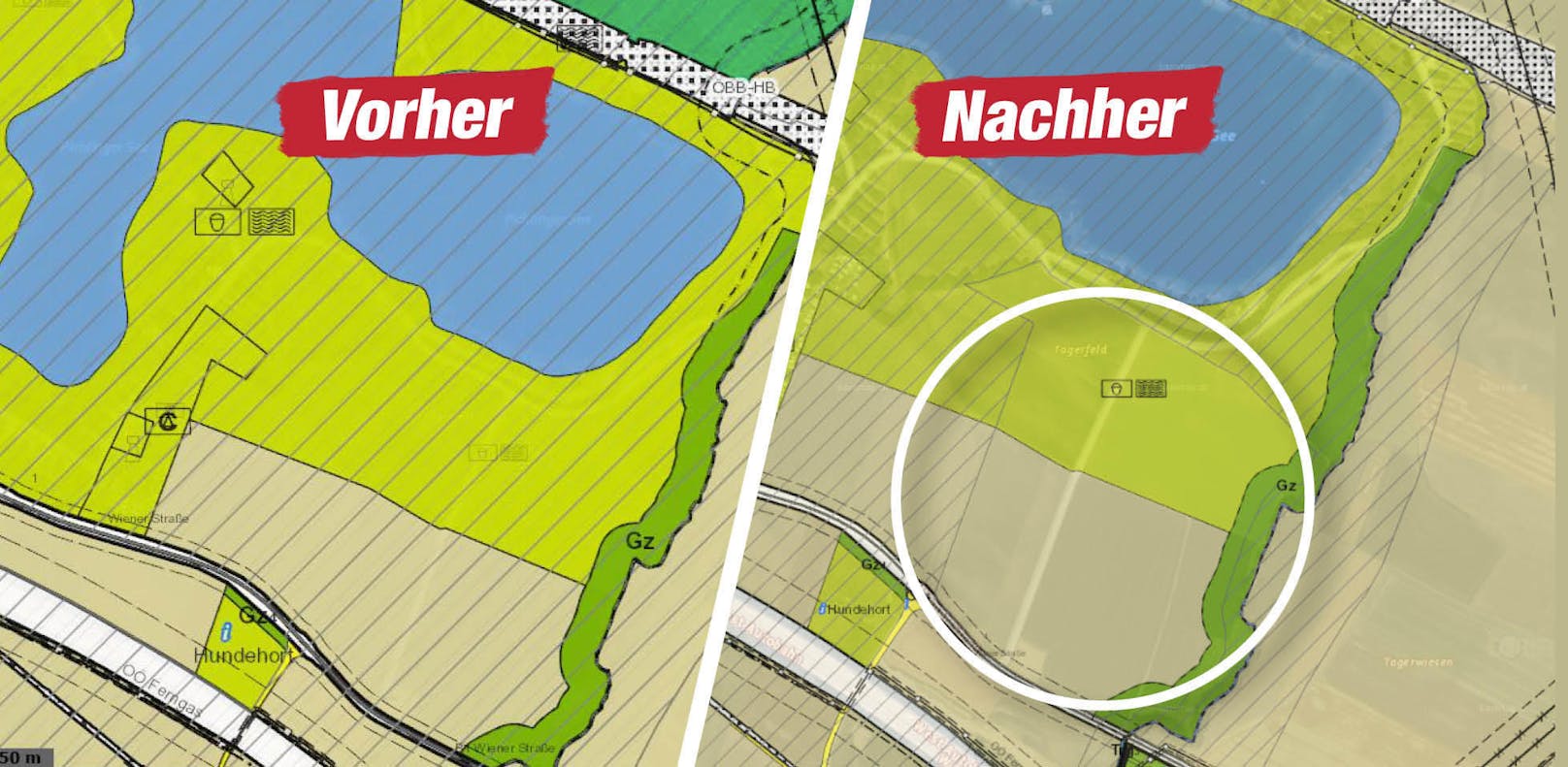 Früher war das ganze Gebiet um den Pichlinger See sogenannter Grünzug (links, schraffierte Fläche). Heißt: Es darf nicht bebaut werden. Nun ist eine Fläche davon ausgenommen (rechts). Heißt: Dort dürfte eine Sportstätte - eben das LASK-Stadion - gebaut werden.