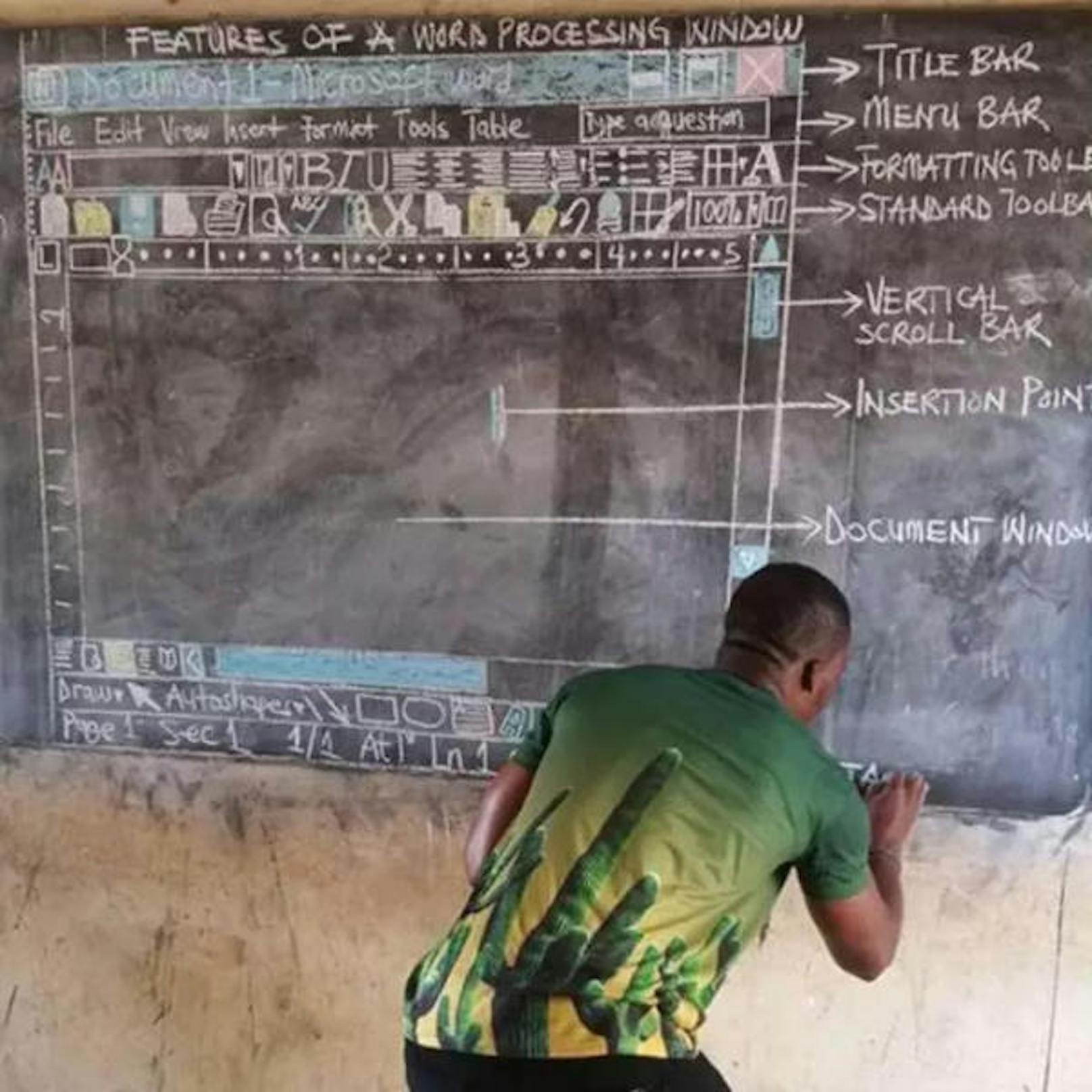 Der Lehrer Owura Kwandwo unterrichtet in Ghana seine Schüler in Informatik. Das Problem dabei ist, dass ihm dafür kein Computer zur Verfügung steht. Statt aufzugeben, begab er sich an seine Wandtafel und zeichnete das Programm Microsoft Word mit Kreide. Wie "Pulse.com.gh" berichtet, ist es im Land normal, dass die Lehrer für den Unterricht keine Computer haben. Weil sein Bild auf Facebook von vielen Menschen gesehen wurde, erhält die Schule nun Spenden in Form von Laptops und Projektoren.