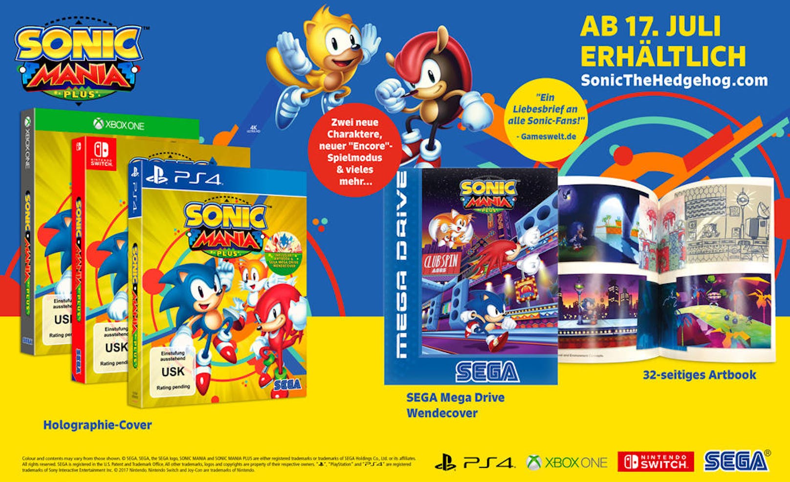 Aufruf an alle Sonic-Fans! Sega gibt heute bekannt, dass Sonic Mania Plus, die ultimative Version des von Kritikern gefeierten Plattformers Sonic Mania, am 17. Juli 2018 in Nord-Amerika und Europa für PlayStation 4, Xbox One und Switch im Handel erscheint. Sonic-Fans können das Spiel ab sofort bei allen teilnehmenden Einzelhändlern vorbestellen.