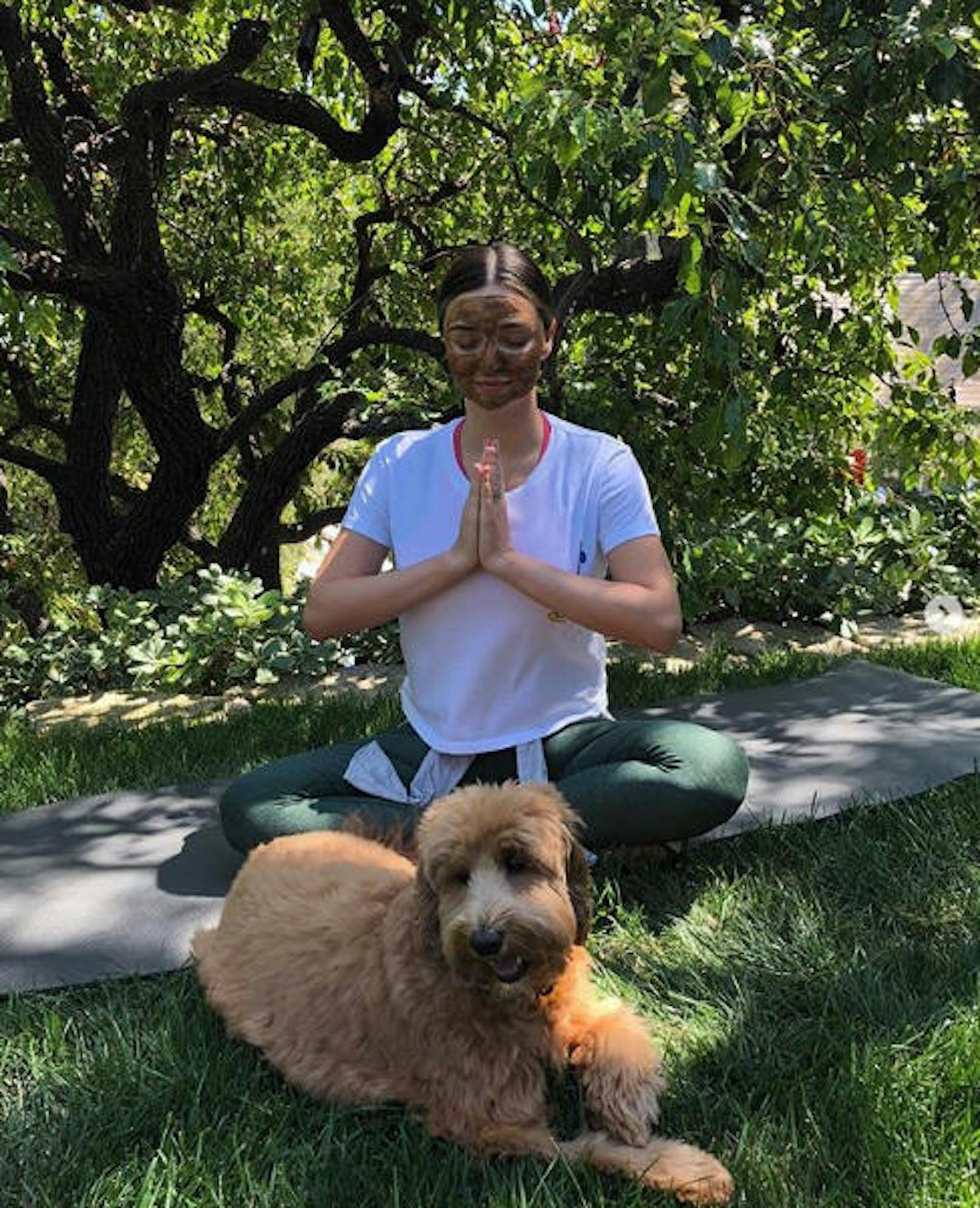 Miranda Kerr machte zu Thanksgiving Yoga mit ihrem Hund.