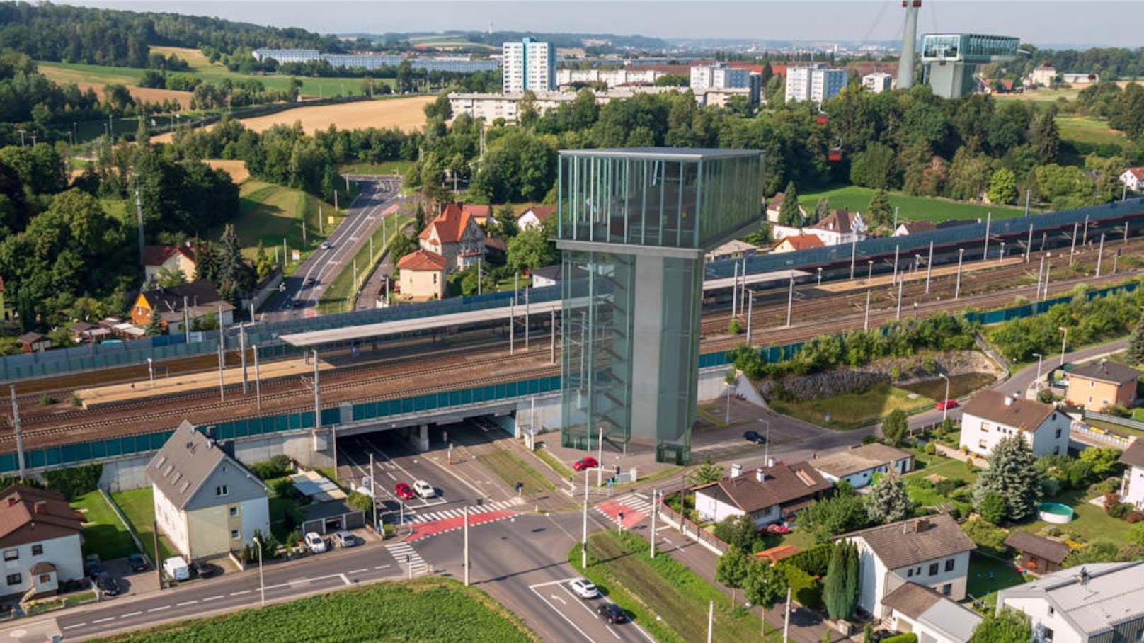 Die geplante Seilbahn-Station beim Bahnhof Linz-Ebelsberg, die 2018 vorgestellt wurde.