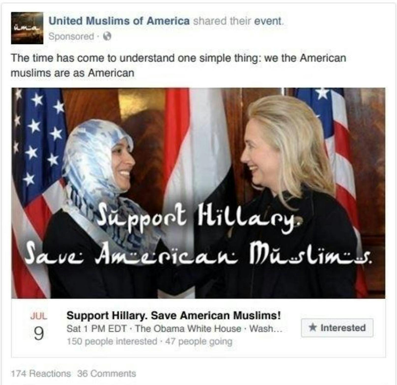Die Fake-Gruppe "United Muslims of America" präsentierte Hillary Clinton als Muslimen wohlgesinnte Kandidatin.