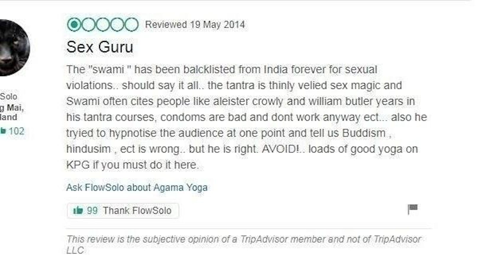 Eine Bewertung einer Userin zur Schule des beschuldigten Gurus Swami. Die Frau warnt vor dem Guru.