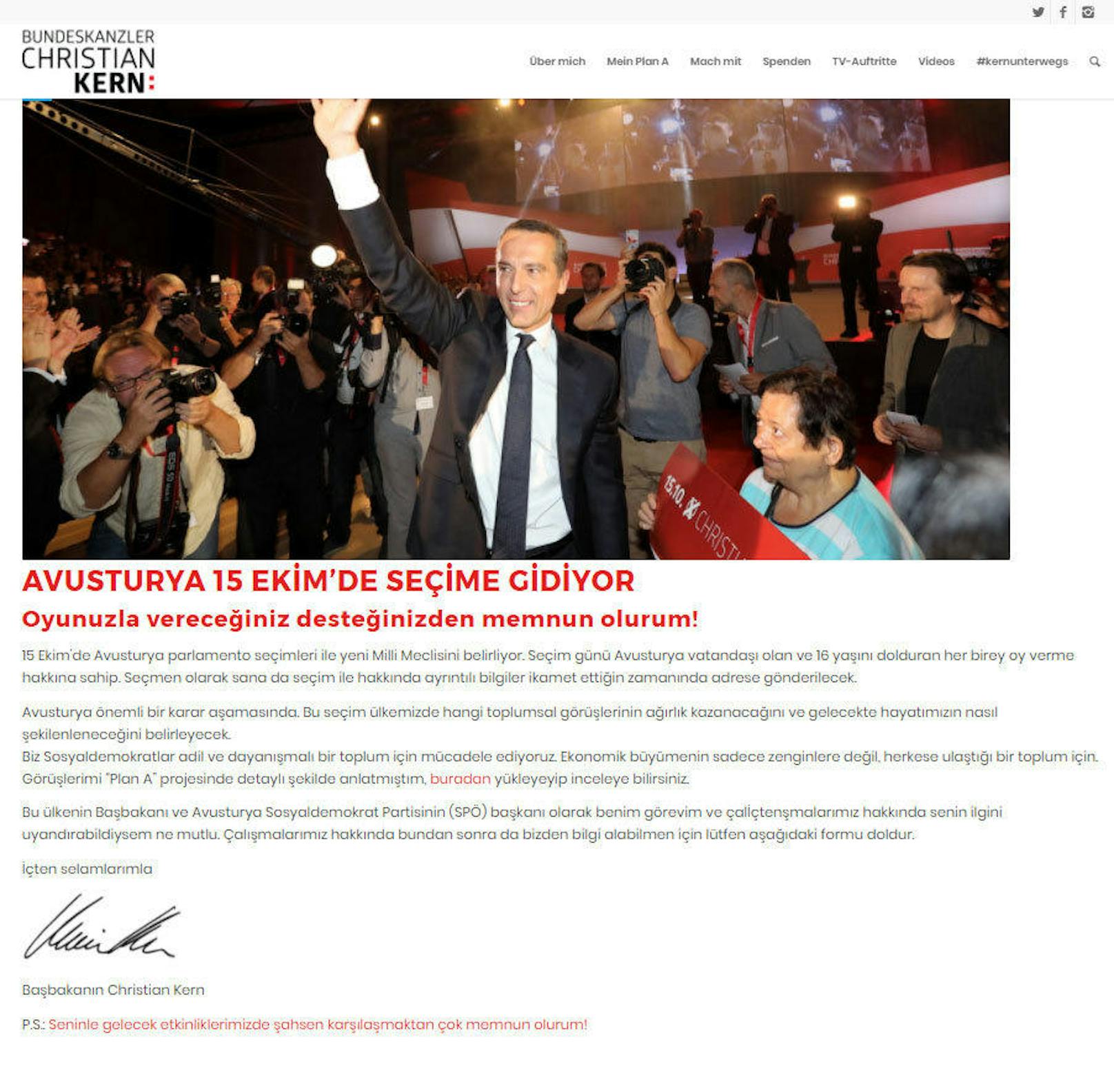 Die SPÖ wirbt auf der Webseite des Bundeskanzlers nun auf Türkisch ...