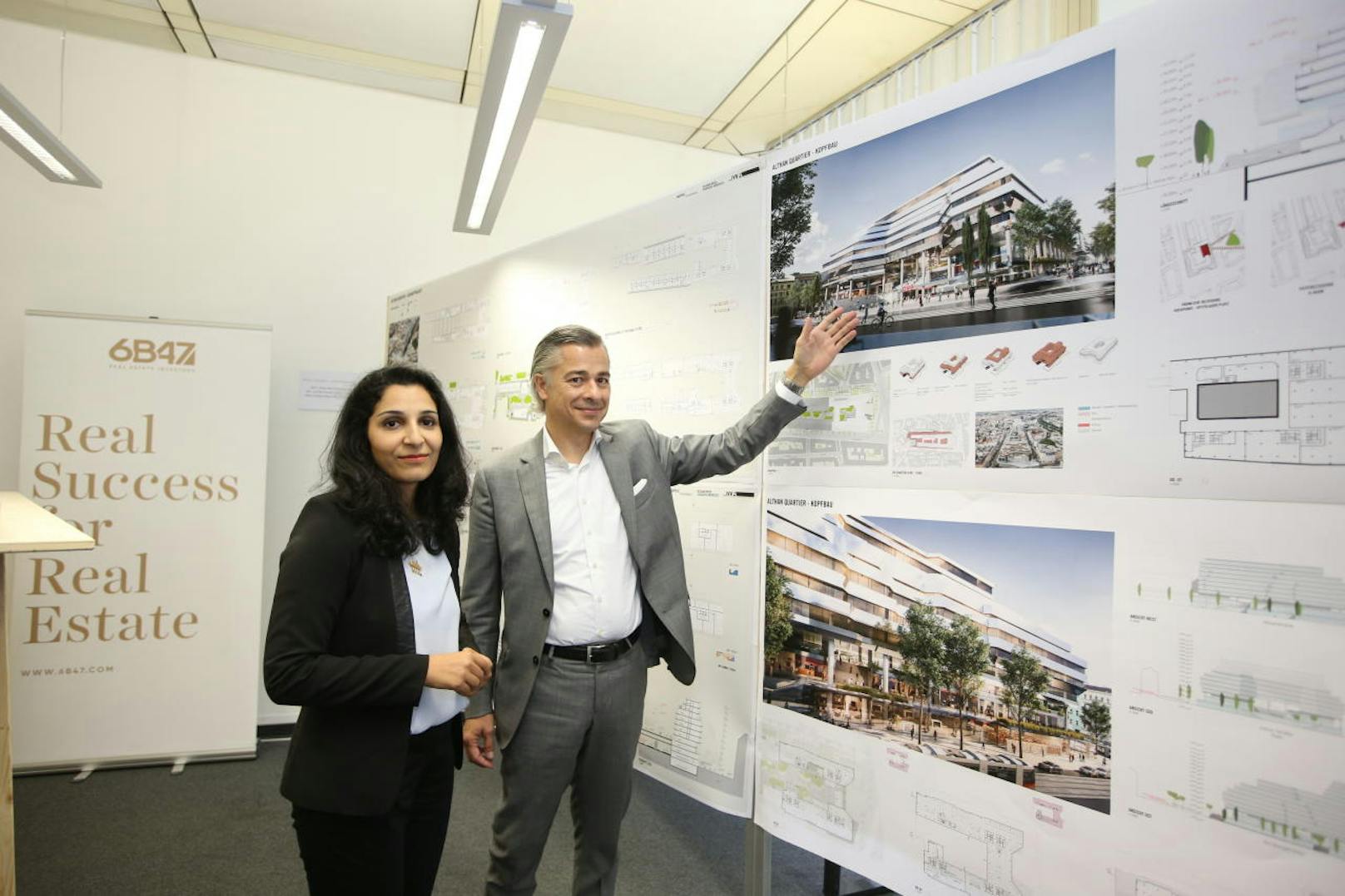 Die designierte Alsergrunder SP-Bezirksvorsteherin Saya Ahmad (hier mit 6B47-Chef Peter Ulm) zeigte sich erfreut, dass das Projekt mit den niedrigsten Bauten gewonnen hat.