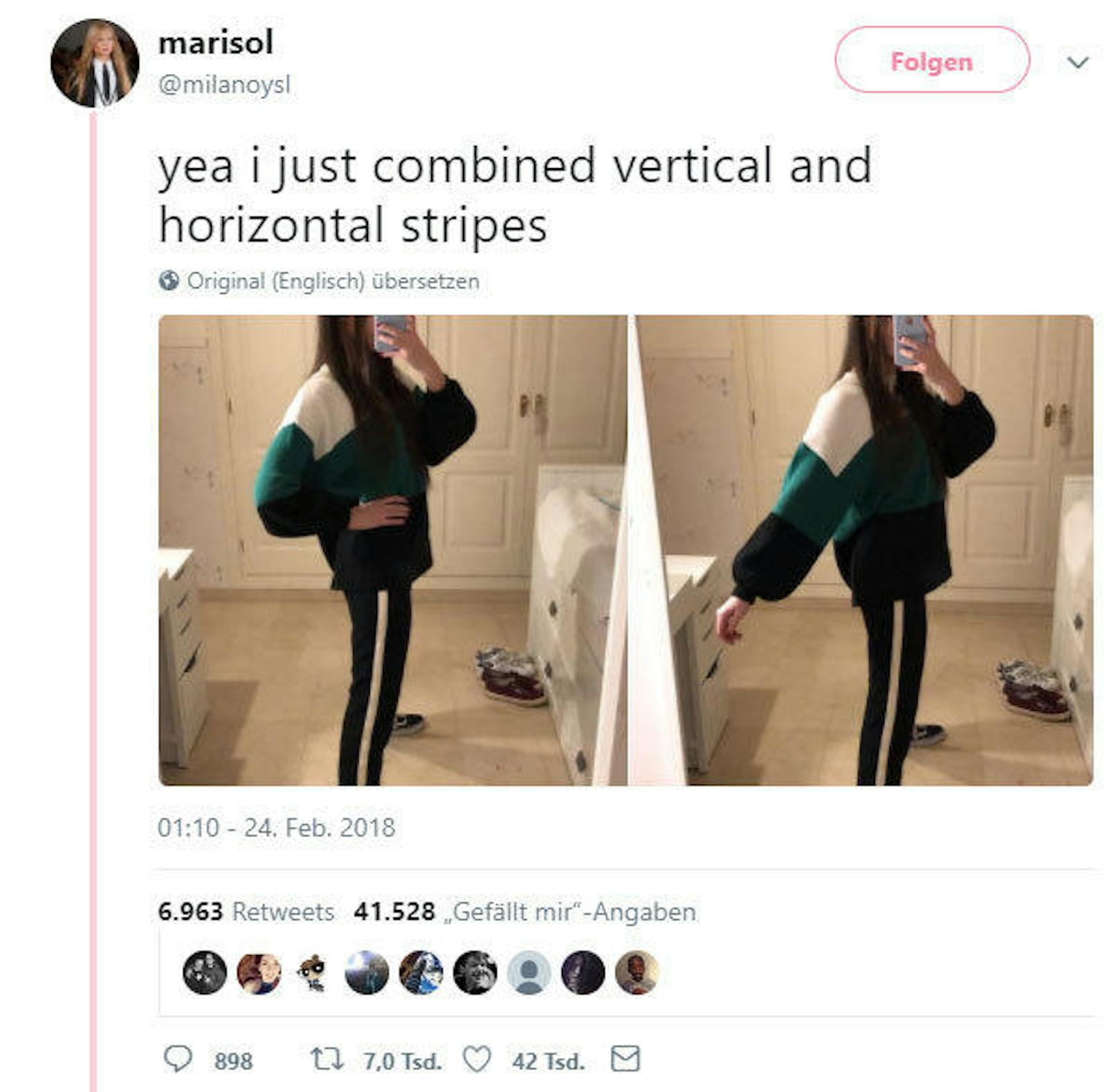 Diese Selfies der jungen Spanierin Marisol auf Twitter sorgten für Aufsehen. "Yeah, ich habe horizontale mit vertikalen Streifen kombiniert", schrieb sie dazu. Das Outfit ist allerdings nicht der Grund für die Aufmerksamkeit. Erkennen Sie, was nicht stimmen kann?