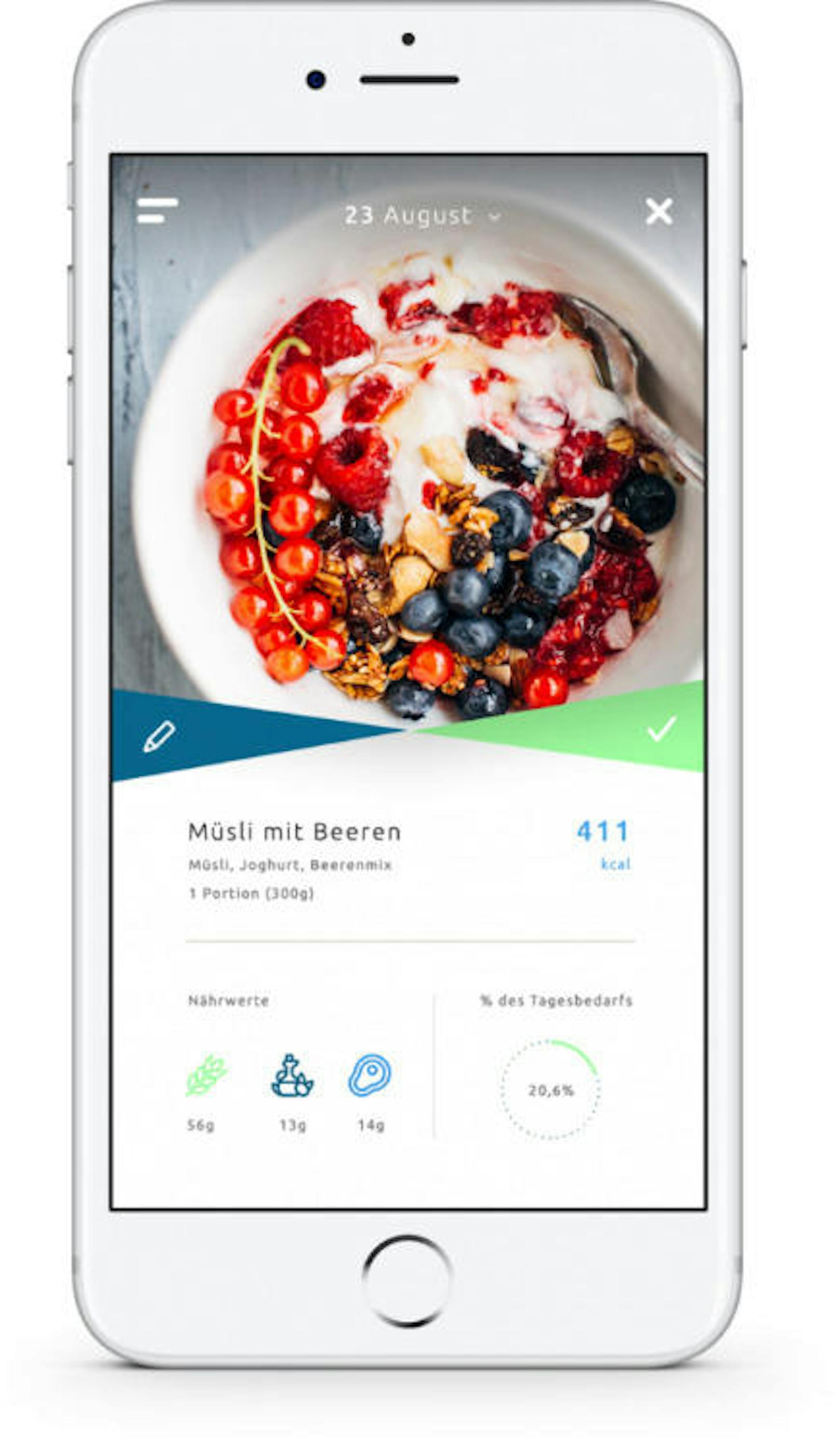 Die App macht ein Foto und zählt dann die Kalorien der Speise.