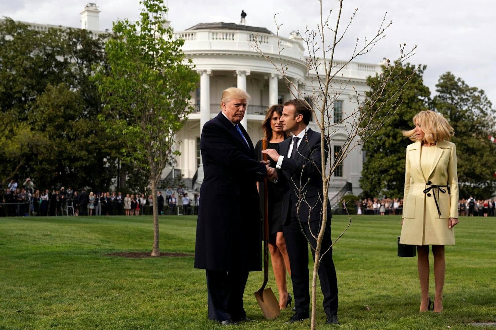 Wo US-Präsident Donald Trump und sein französischer Amtskollege Emmanuel Macron vor wenigen Tagen einen Baum pflanzten, ist nur mehr ein Stück gelb verfärbter Rasen sichtbar.