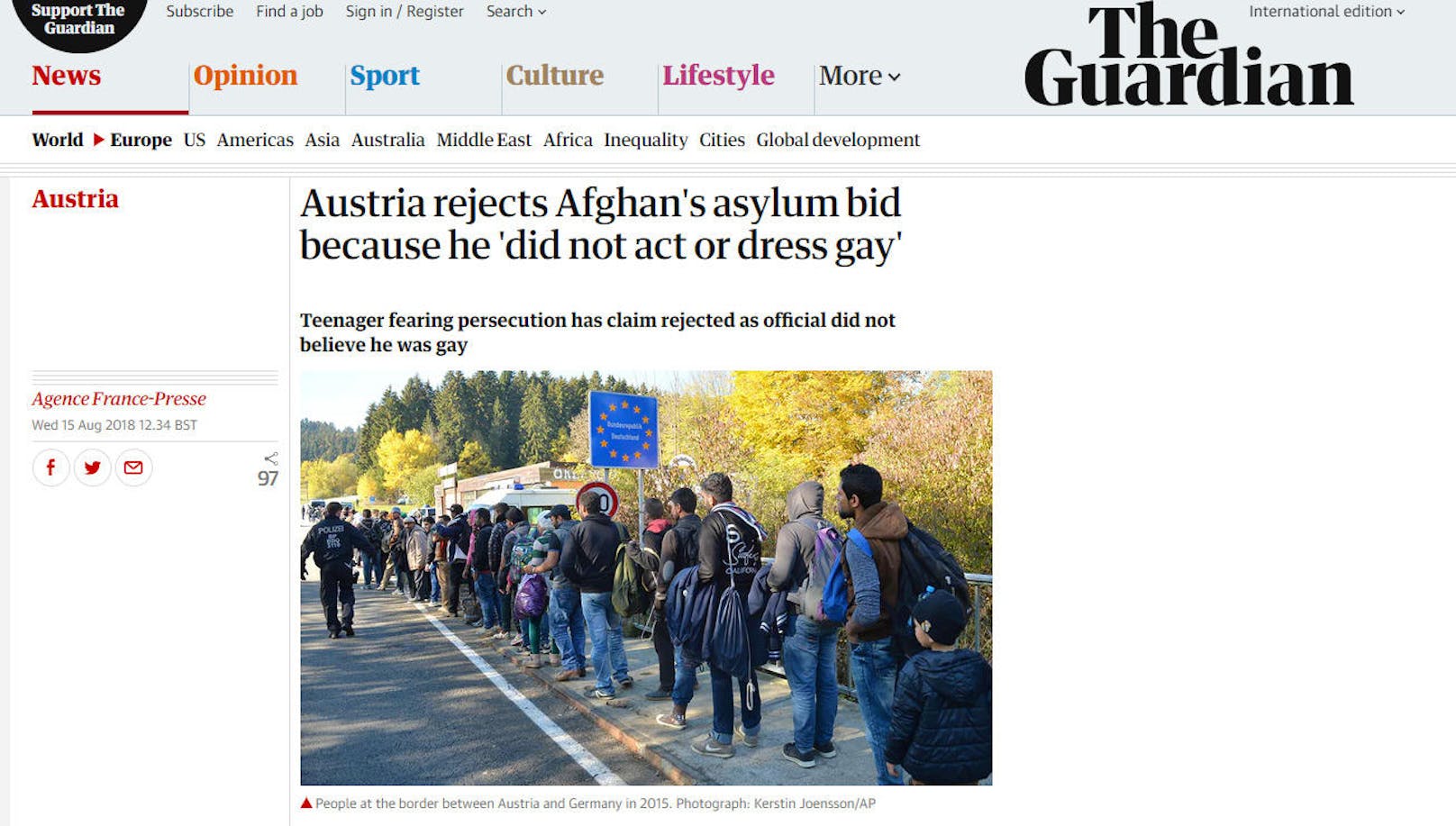 "Er handelt und kleidet sich nicht schwul" - The Guardian: "Austria rejects Afghan's asylum bid because he 'did not act or dress gay'"