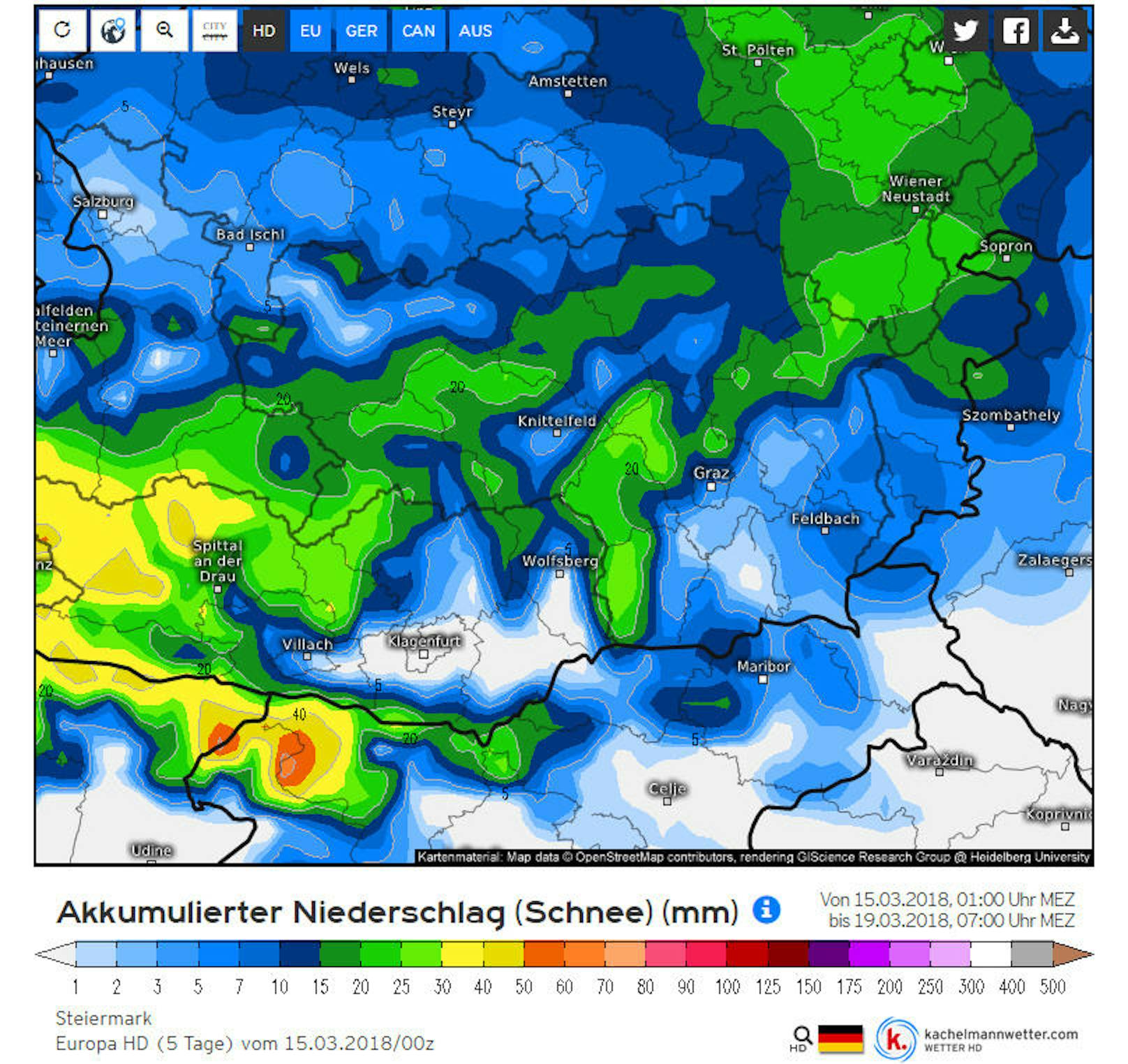 <b>Steiermark:</b> Niederschlagssumme (Schnee) in Millimeter im Zeitraum Donnerstag 15. bis Montag 19. März 2018.