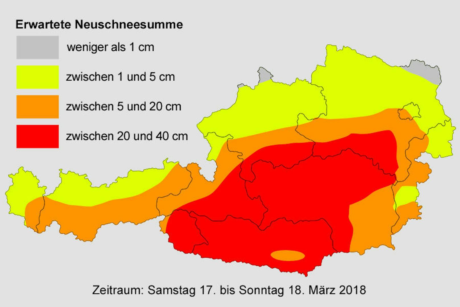 Laut dem Wetterblog "Österreichwetter" werden im beinahe dem gesamten Bundesgebiet am Wochenende (17. und 18. März) teils heftige Schneefälle erwartet. Nicht einmal das östliche Flachland bleibt verschont.