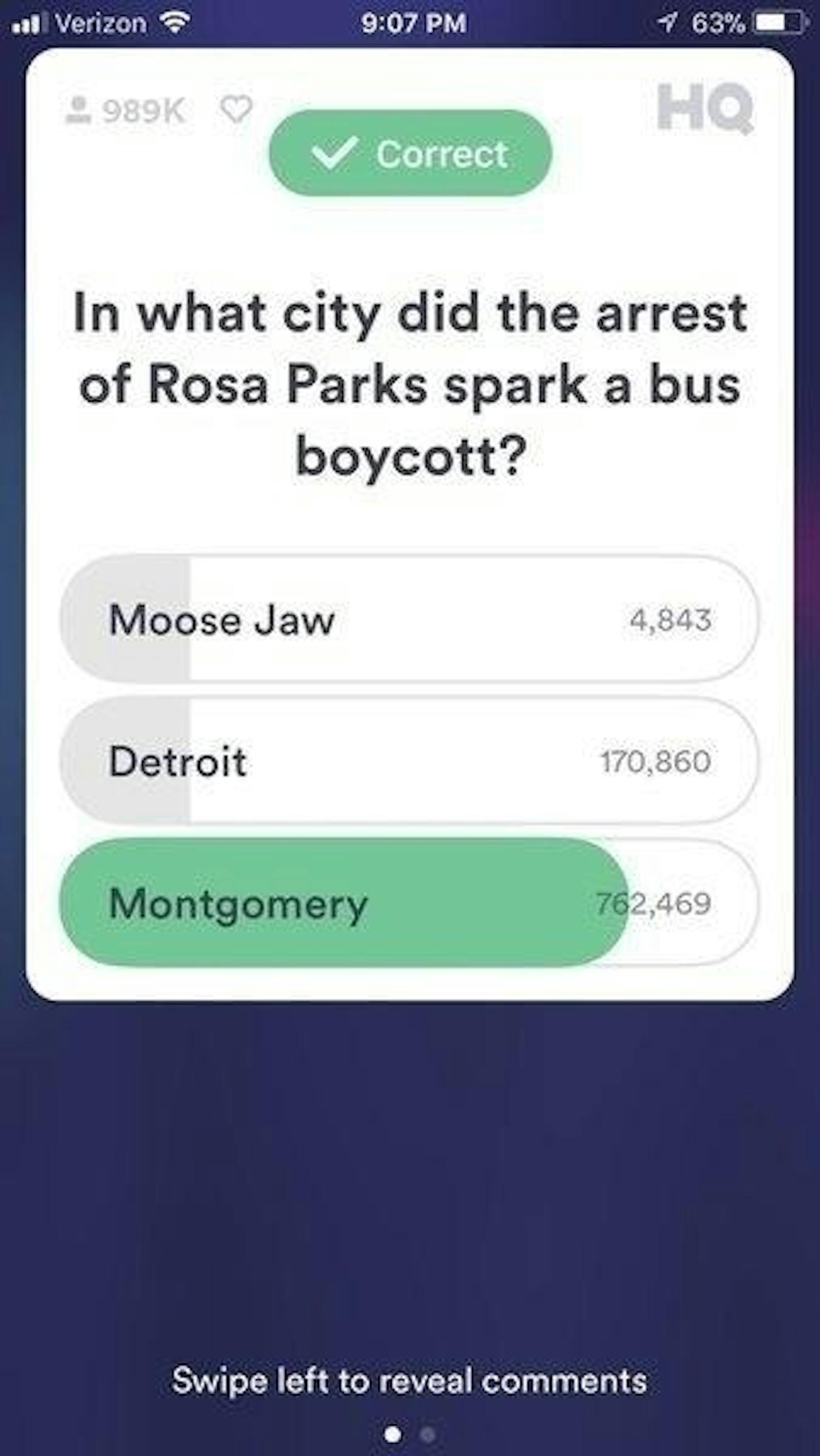 Ab der vierten Frage kommen dann kniffligere Fragen wie: "In welcher Stadt löste der Arrest von Rosa Parks einen Bus-Boykott aus?"