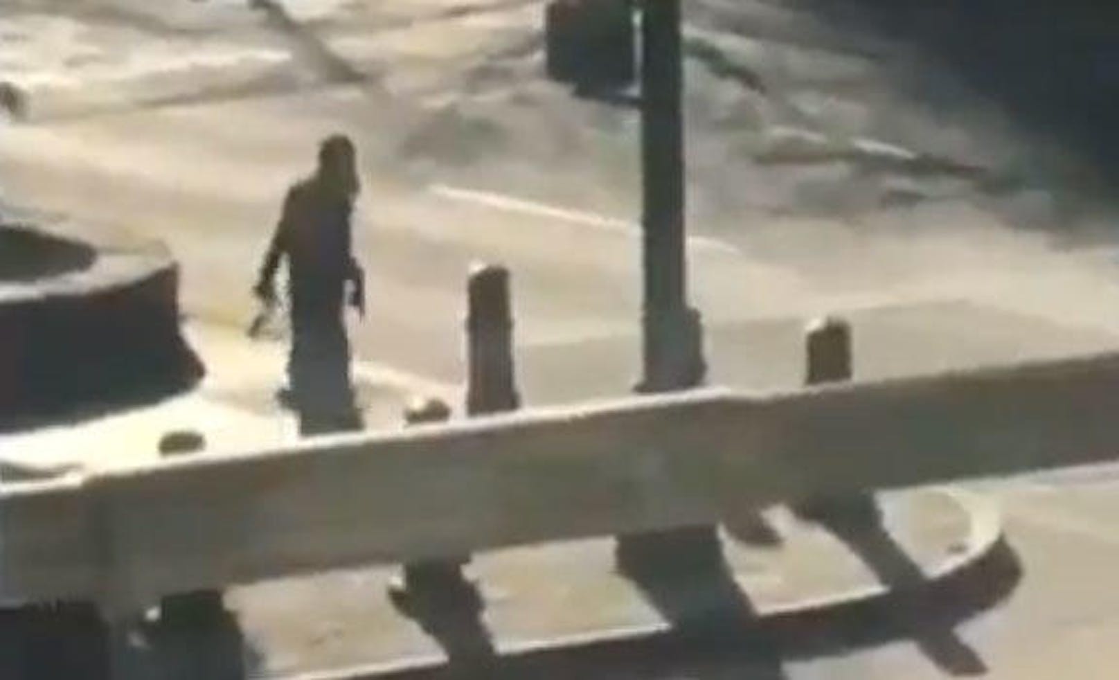 Diese Screenshots einer Videoaufnahme sollen den Attentäter dabei zeigen, wie er mit Schusswaffen-Attrappen durch die Straße läuft.