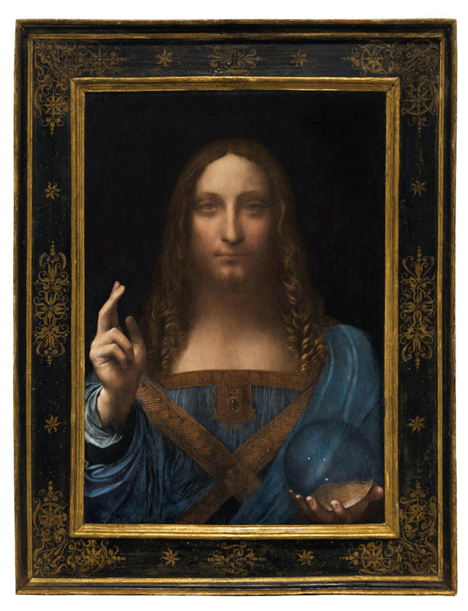 Salvator Mundi (deutsch "Heiland der Welt") ist 65,6 × 45,4 cm groß und mit Ölfarben auf einer Walnussholztafel gemalt. Es zeigt Christus als Heiland der Welt, die rechte Hand segnend erhoben, in der Linken hält er eine Kristallkugel. Das Gemälde soll einst dem englischen König Karl I. gehört haben. Es war bis zur Versteigerung das einzige da Vinci-Gemälde in privater Hand.