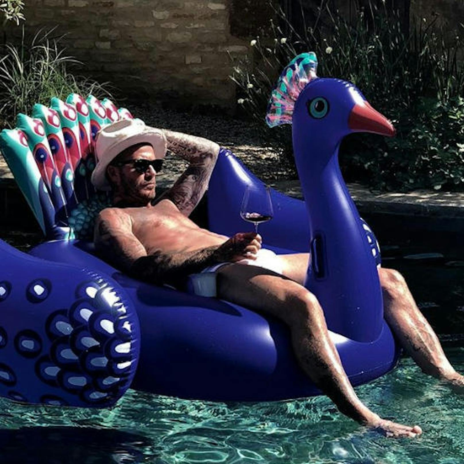 07.07.2018: David Beckham ruht sich nicht auf Lorbeeren sondern auf einem Pfau aus - und genießt den Sommer mit Weinglas in der Hand 