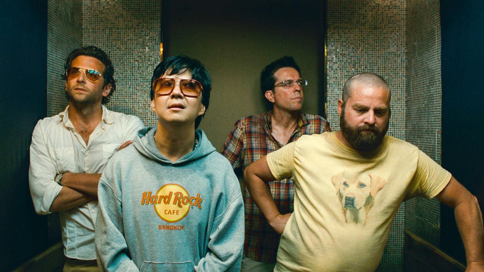 "Hangover 2". Bradley Cooper (Phil), Ken Jeong (Mr. Chow), Ed Helms (Stu), Zach Galifianakis (Alan)