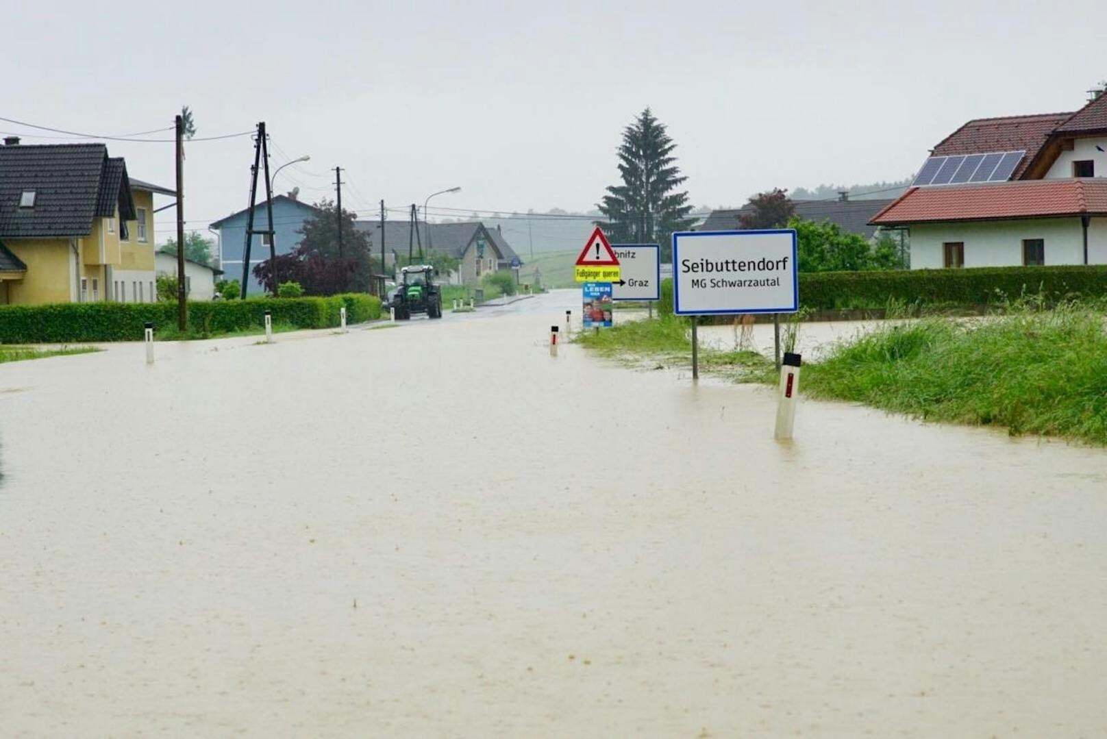 Überschwemmungen in Seibuttendorf im Schwarzautal (Steiermark) am 14. Mai 2018.
