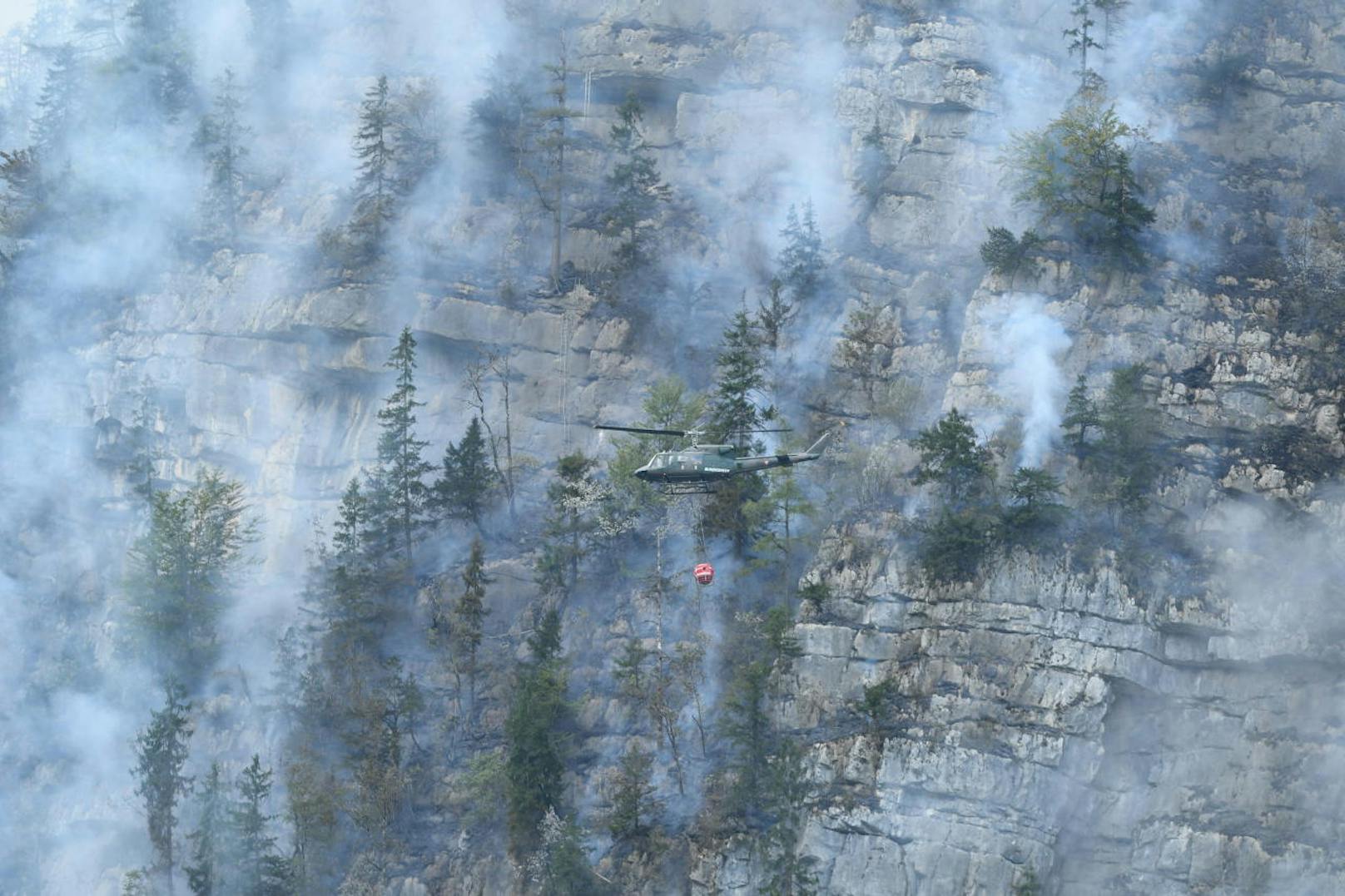 Das Bundesheer unterstützte die Feuerwehr aus der Luft beim Kampf gegen einen Waldbrand in unwegsamem Gelände.