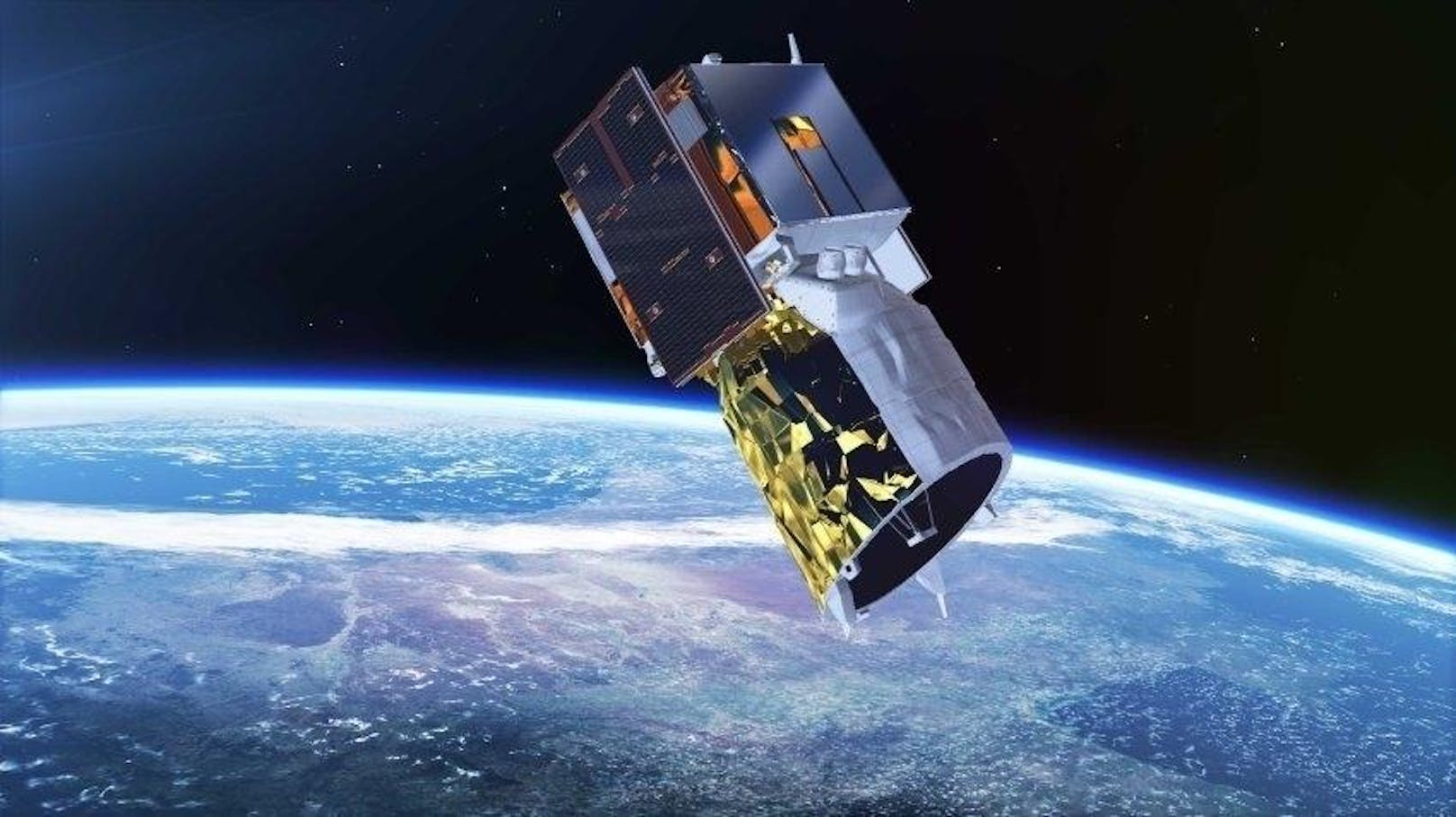 Der Arbeitsplatz des 1,4 Tonnen schweren Satelliten ist die Erdumlaufbahn. Hier auf einer Zeichnung zu sehen. "Aeolus" soll erstmals Windprofile von der ganzen Erde erstellen und so die Wettervorhersage revolutionieren.