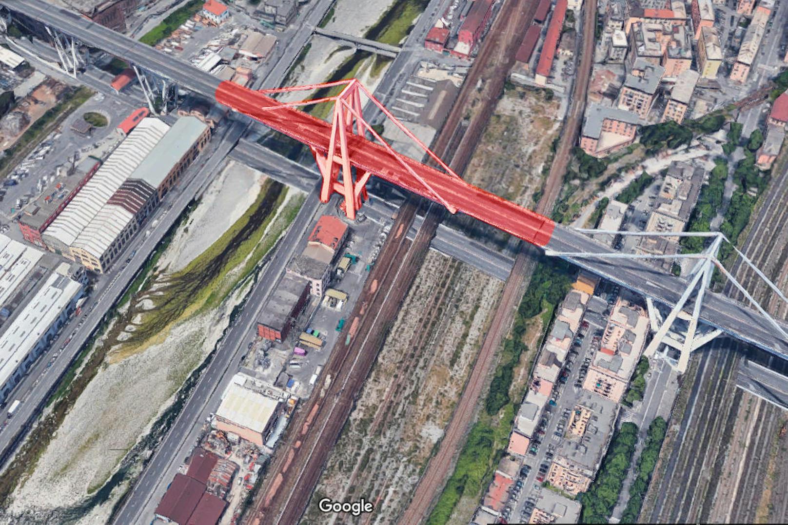Der eingefärbte Teil des Polcevera-Viadukts existiert nicht mehr.
