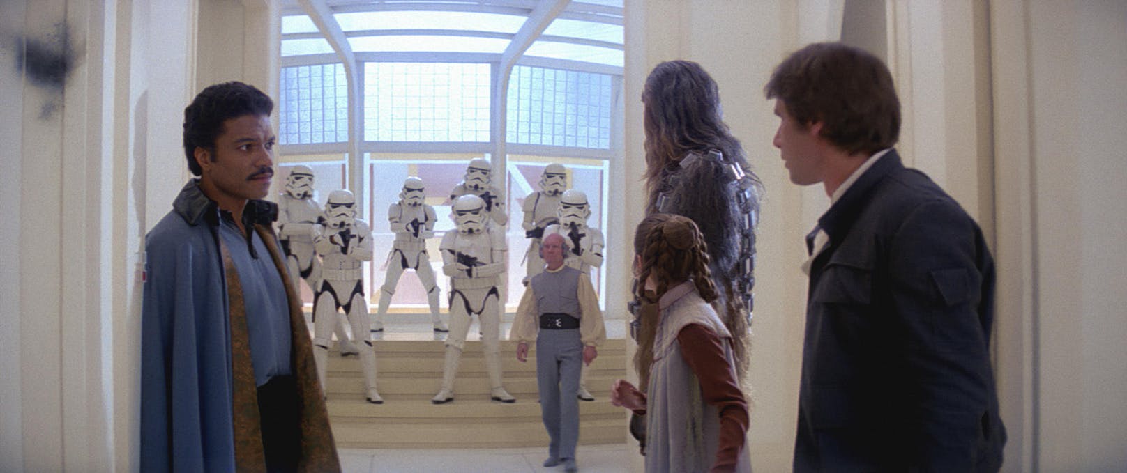 Lando Calrissian (Billy Dee Williams) lockt Han, Leia und Chewbacca in eine Falle