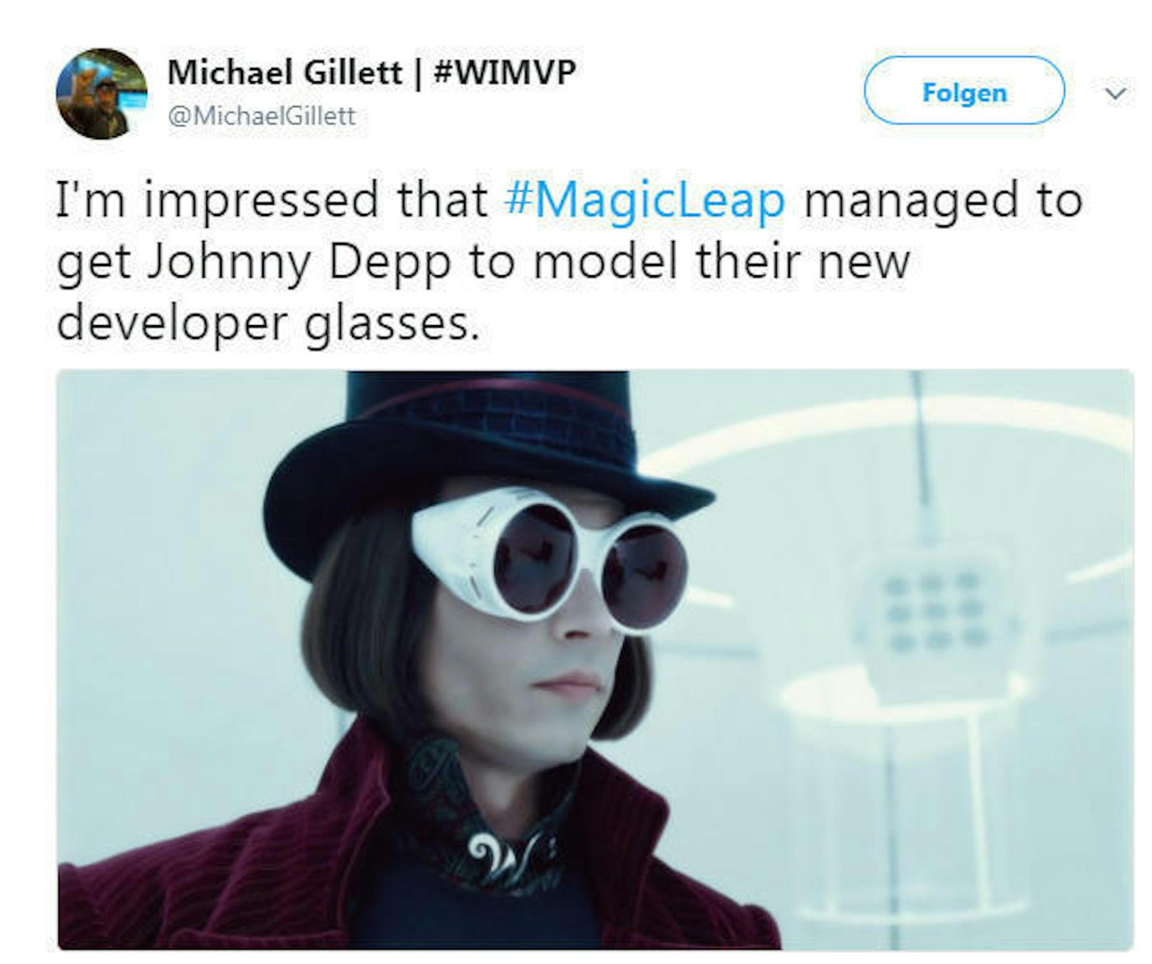 "Ich bin beeindruckt, dass Magic Leap Johnny Depp dazu bringen konnte, für die neue Cyberbrille zu modeln", schreibt Michael Gillett auf Twitter.