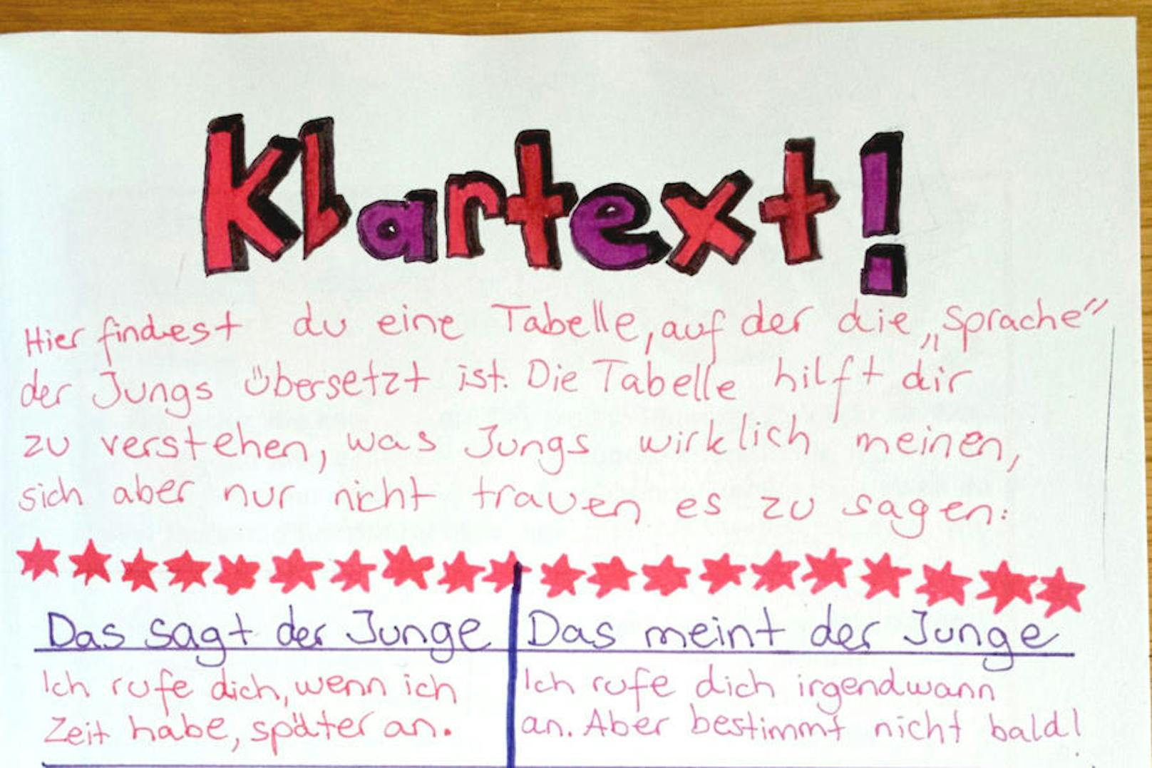 "Glaub mir, Jungs sind manchmal genauso schüchtern wie Mädchen", erklärt die Elfjährige in ihrer eigenen Kinderzeitung "Klartext".