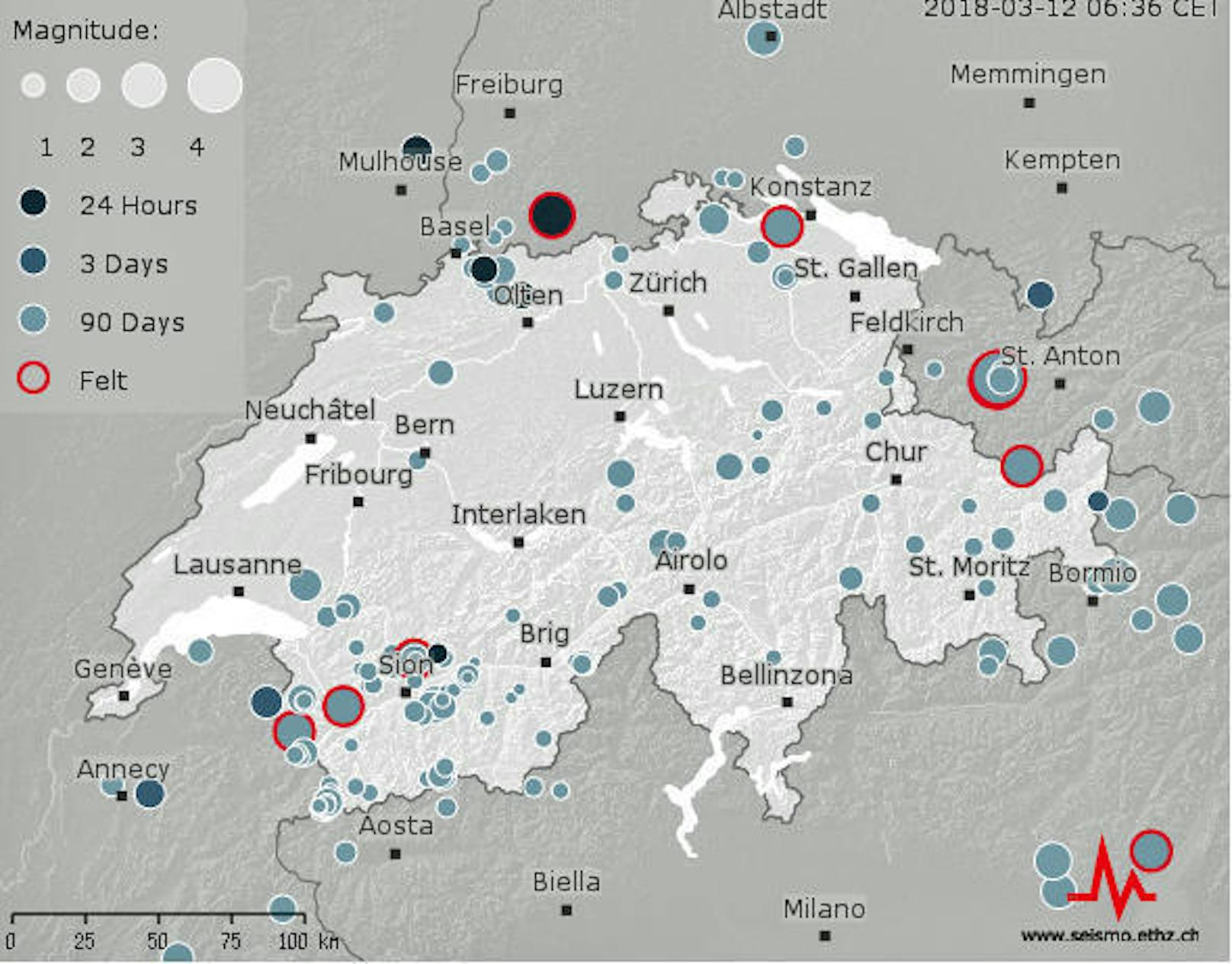In der Ostschweiz war in der Nacht auf den 12. März 2018 ein Erdbeben spürbar. Das Beben der Stärke 3,1 hatte das Epizentrum 13 Kilometer nördlich des Aargauer Orts Laufenburg.