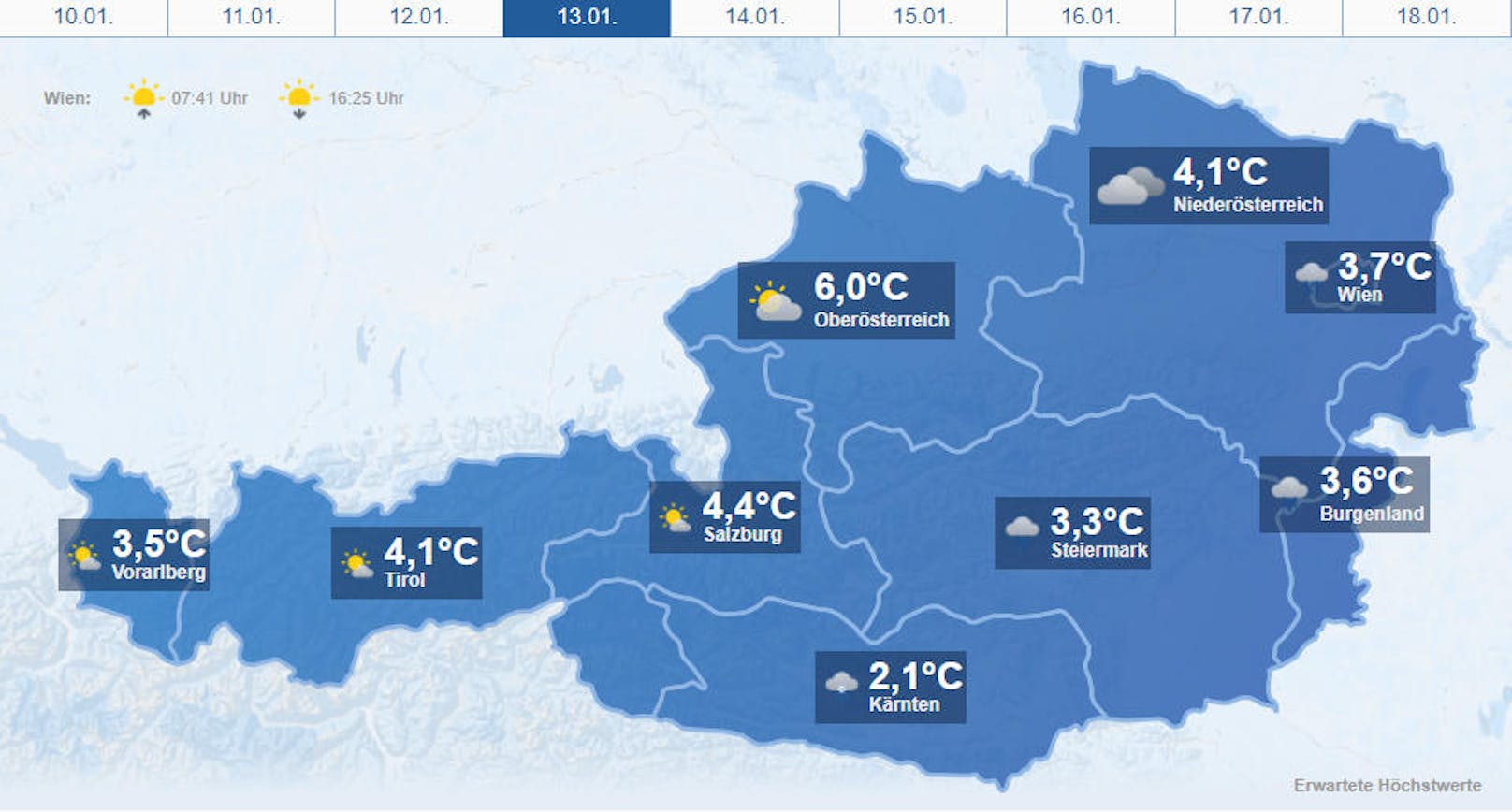 Österreich-Wetter am <b>Samstag</b>, 13. Jänner 2018.
