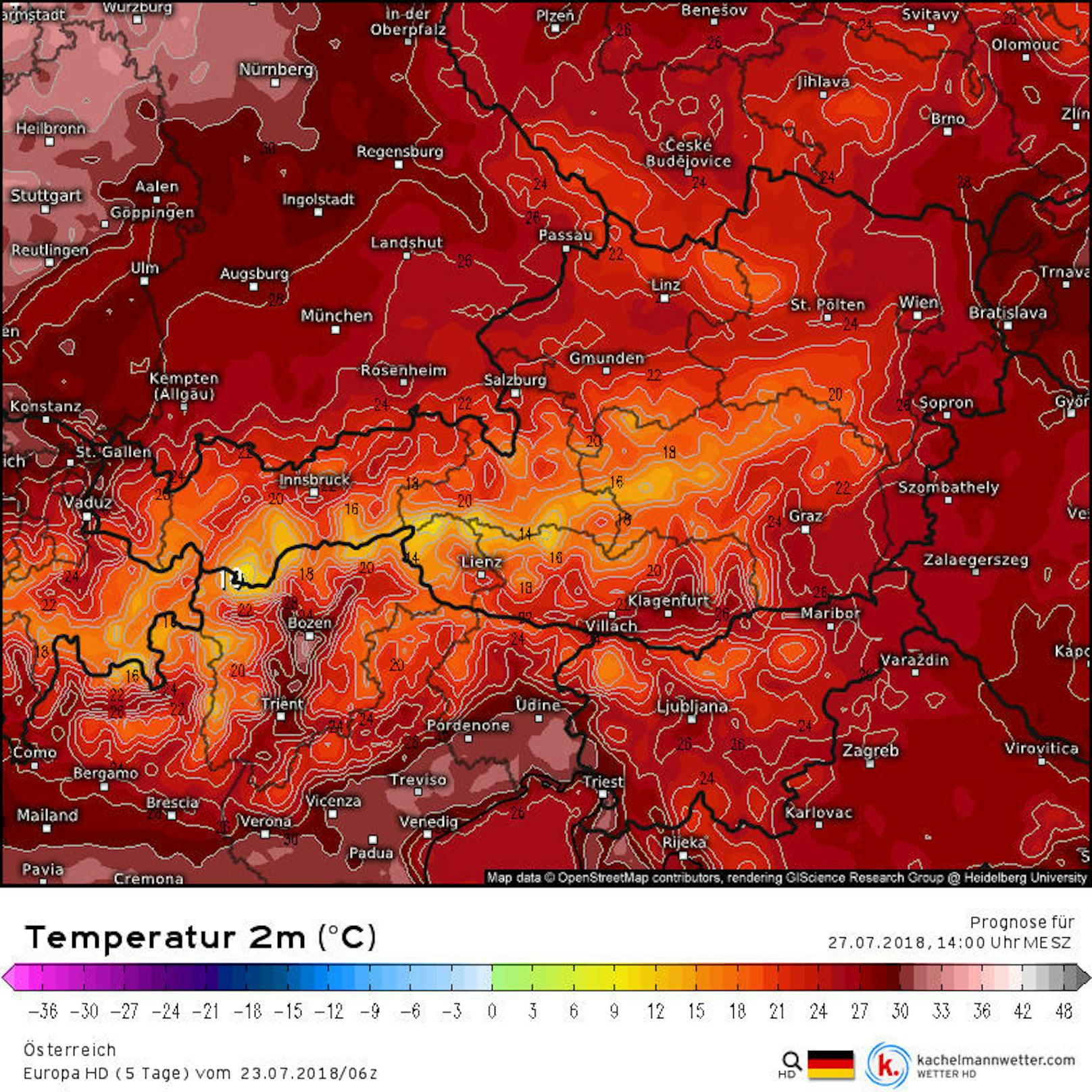 Die 5-Tage-Prognose des Temperaturmodells "Europa HD". Im Bild: Die Vorhersage für <b>Freitag, 27. Juli 2018, 16 Uhr.</b>