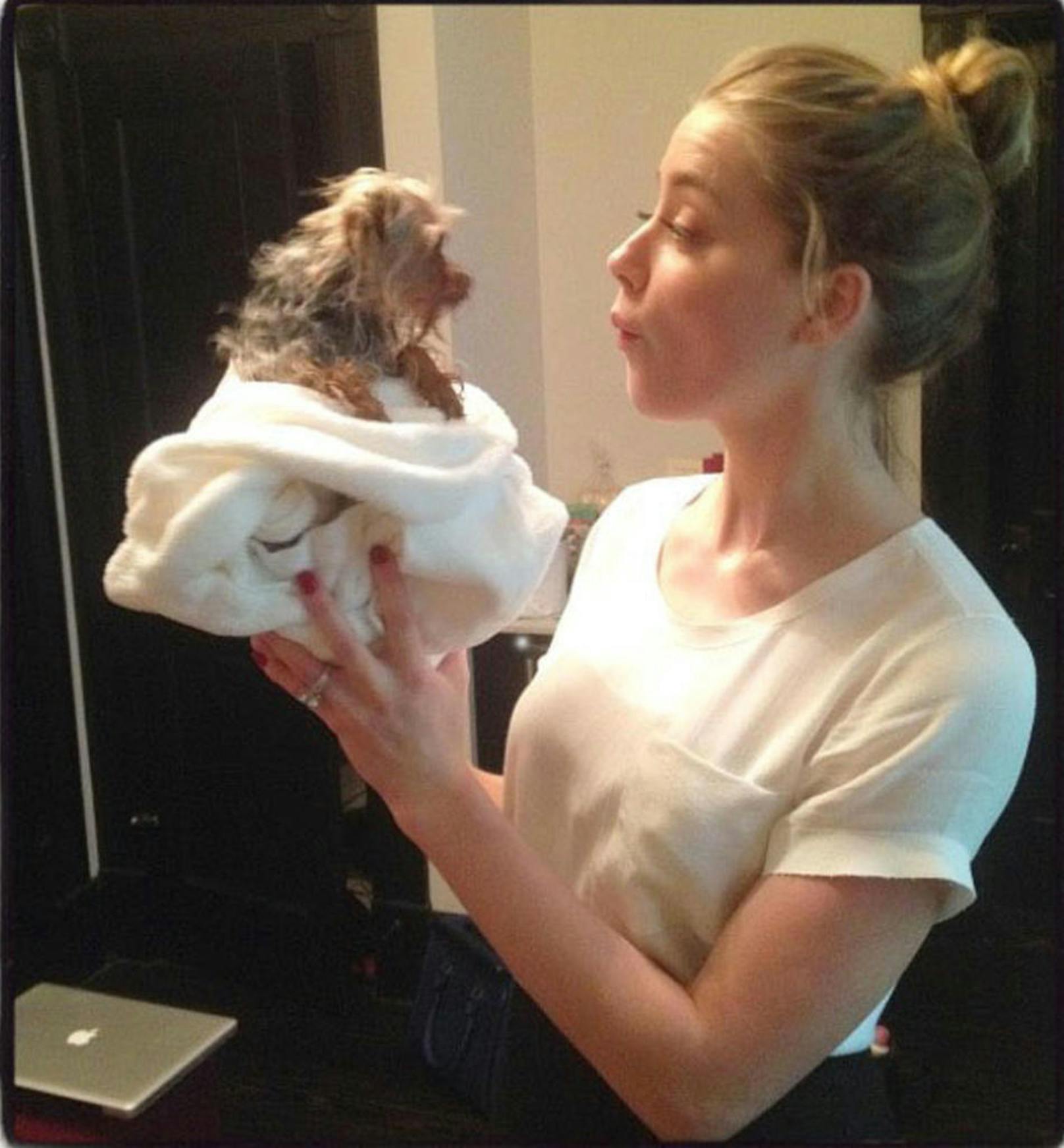 Amber Heard mit frisch gebadetem Hundi
