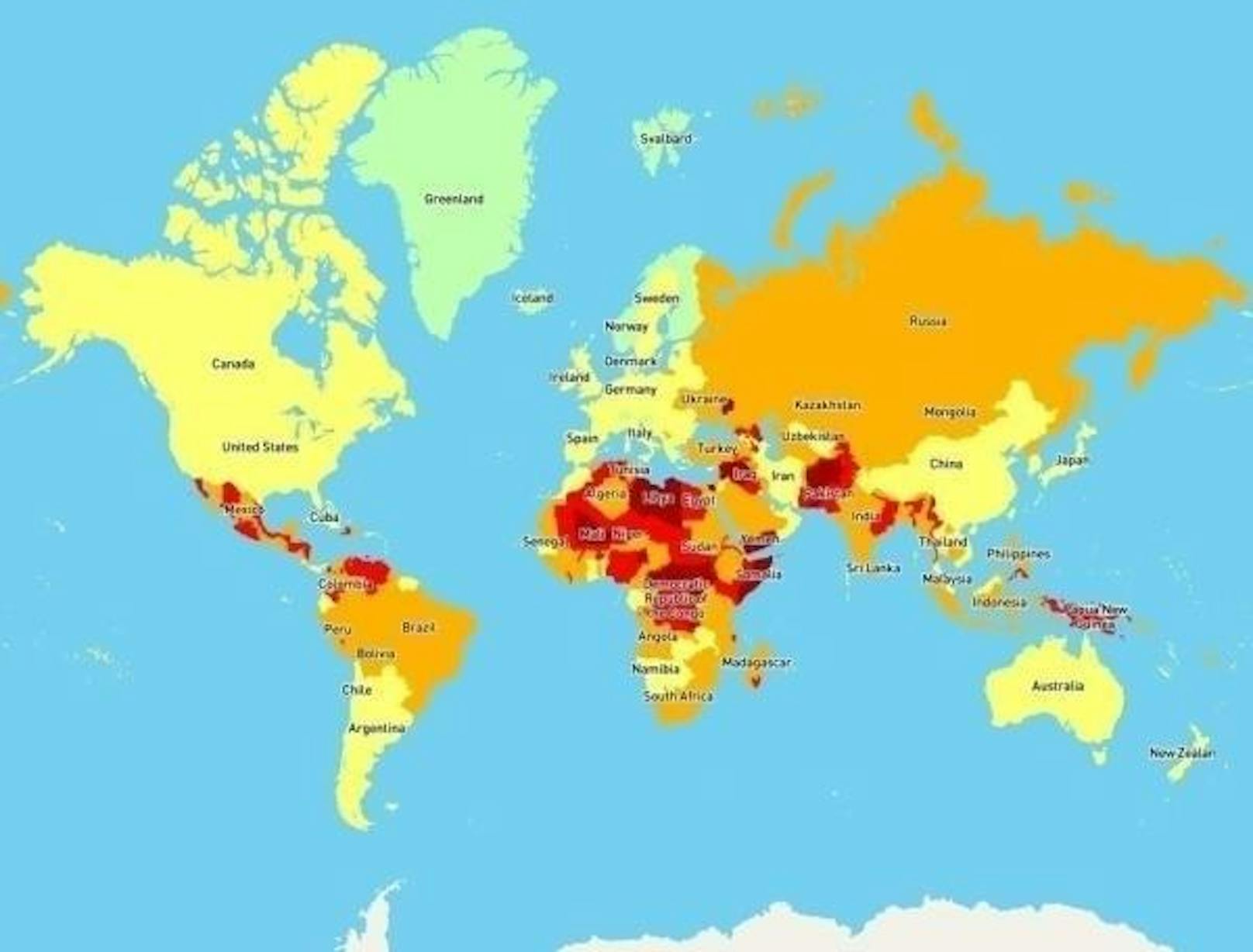 Die Travel Risk Map bietet eine Übersicht über das Gefahrenrisiko für Reisende.