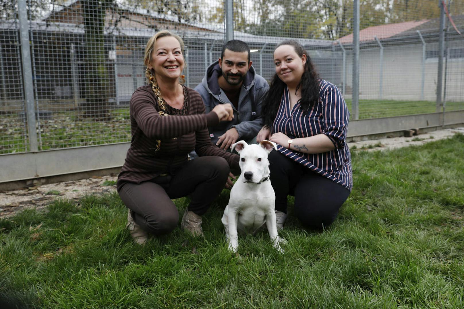 Tierheim-Leiterin Renate Bauer (li.) mit dem Ehepaar und dem geretteten Hund.