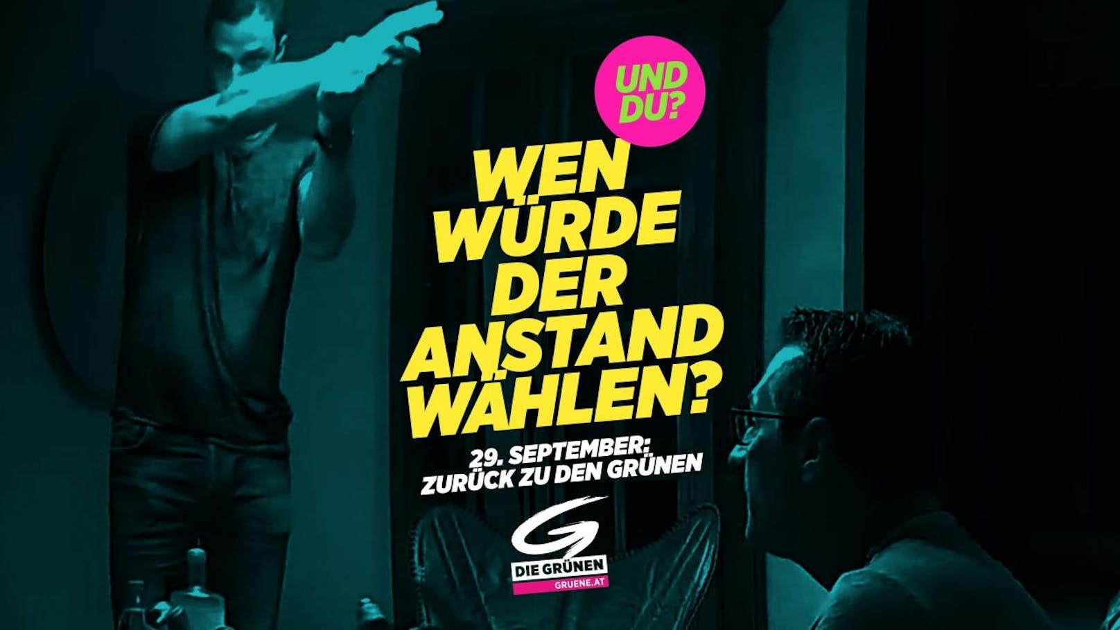 "Wen würde der Anstand wählen?" fragt das Plakat und zeigt Gudenus und Strache aus dem Ibiza-Video.