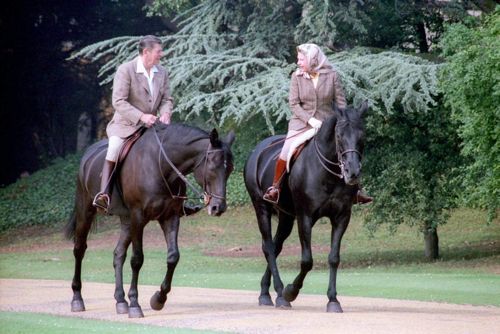 Der inzwischen verstorbene ehemalige US-Präsident Ronald Reagan, der vor seiner Politikerkarriere als Kino-Cowboy Erfolge feierte, fühlte sich zu Pferde sehr wohl. Das verband ihn unter anderem mit der britischen Königin Elisabeth II. (hier im Jahr 1982).