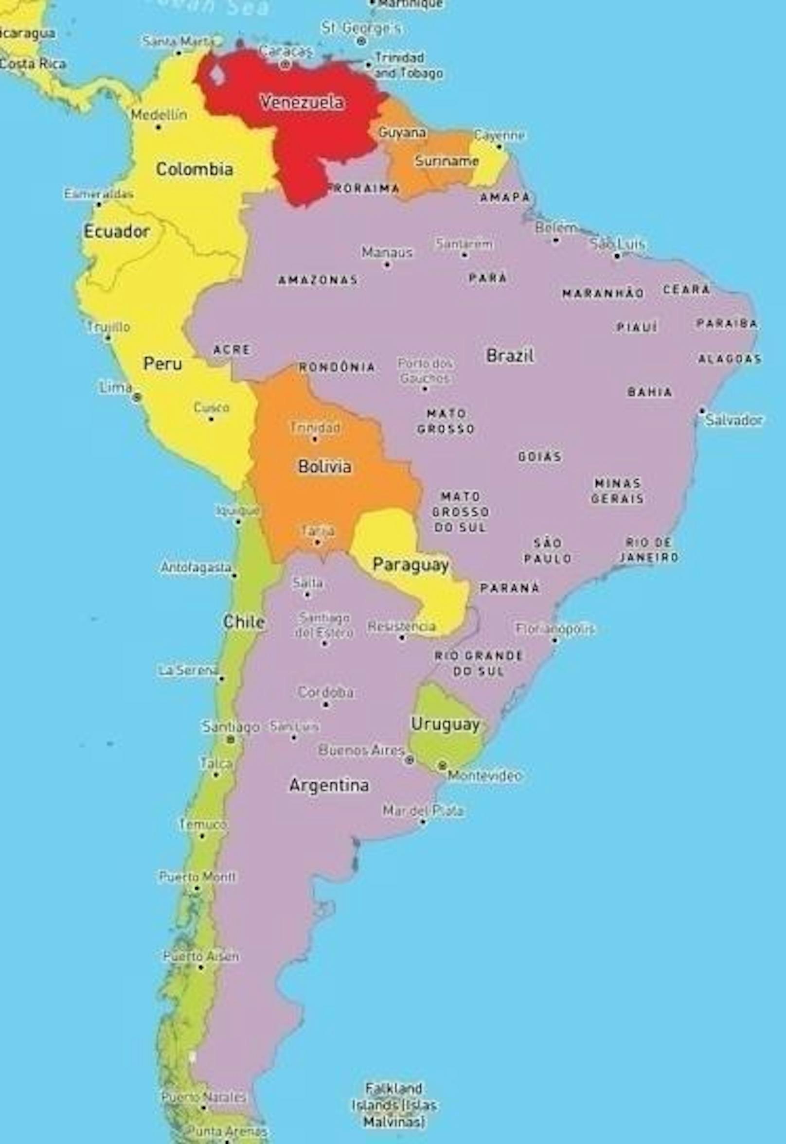 In rot eingefärbten Ländern wie Venezuela gilt das Risiko, sich eine Infektion zu holen, als hoch. In den violett eingefärbten Ländern ist die medizinische Versorgung vorhanden, aber nur in bestimmten Gebieten und Städten zugänglich.