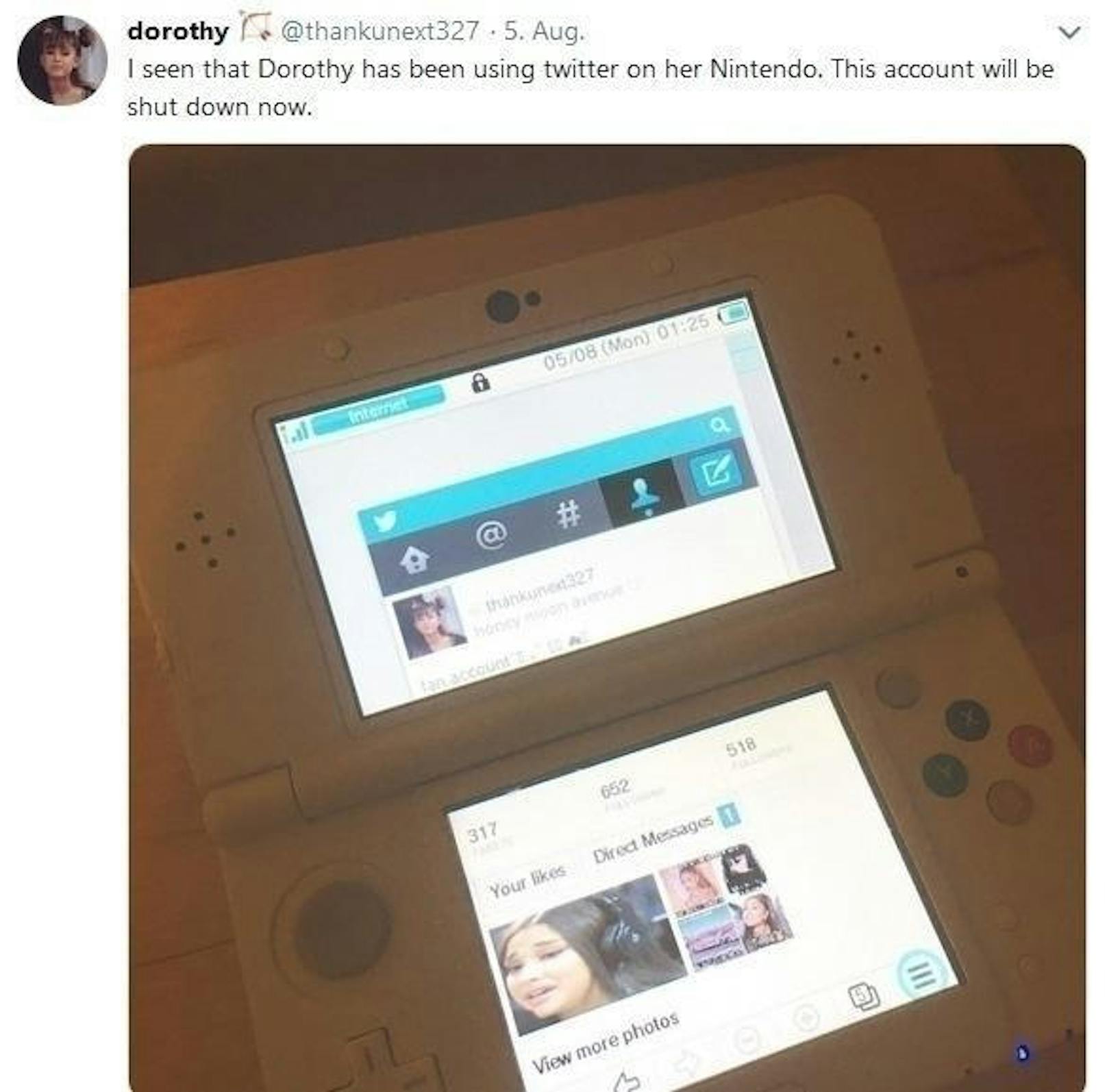 Doch die Mutter kam dahinter und verbot auch die Nutzung dieser Geräte: "Ich habe gesehen, dass Dorothy Twitter auf ihrer Nintendo-Konsole genutzt hat. Das Konto wird nun deaktiviert."