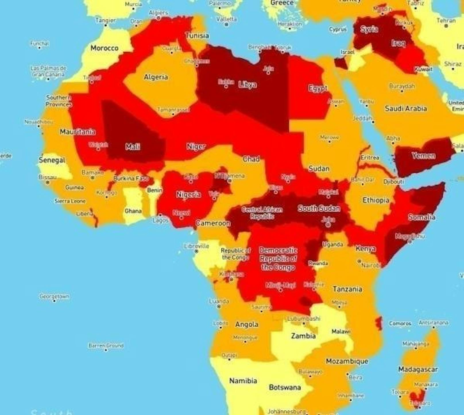 Dunkelrot steht für ein sehr hohes Risiko. Ernsthafte Gewalttaten durch bewaffnete Gruppen stellen für Reisende eine ernstzunehmende Gefahr dar. So gelten Länder wie Mali, Libyen, Zentralafrika und Somalia als gefährlich.