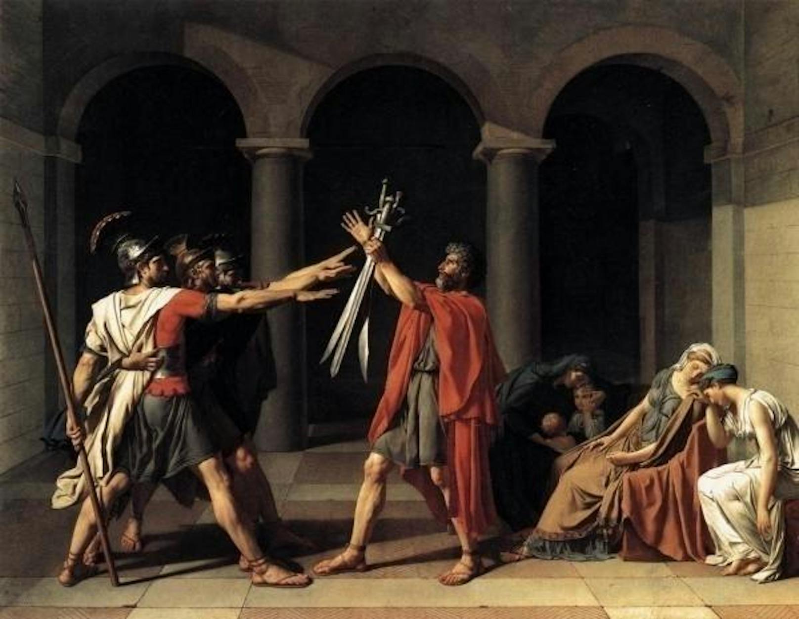 In Wahrheit ist diese Gebärde aber gar nicht römisch. Gemälde wie "Der Schwur der Horatier" (1784) von Jacques-Louis David dürften zur Entstehung dieser Legende beigetragen haben. Das Bild befindet sich heute im Louvre in Paris.