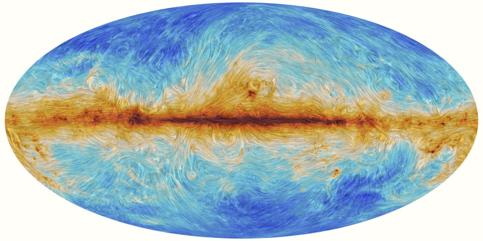 Für diese grafische Darstellung des magnetischen Feldes der Milchstraße wurde polarisiertes Licht gemessen, das vom interstellaren Staub reflektiert wird. Je wärmer die Farben, desto höher die Staubkonzentration.