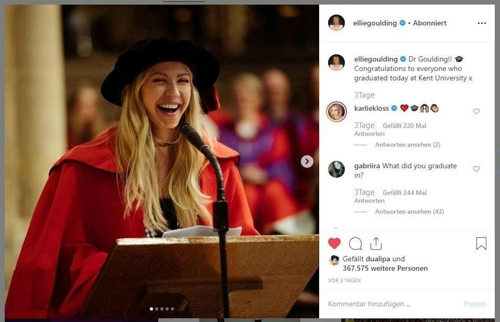 19.07.2019: Gratulation. Popstar Ellie Goulding darf sich ab sofort Frau Doktor nennen. Die Universität von Kent verlieh ihr einen Ehrendoktortitel.