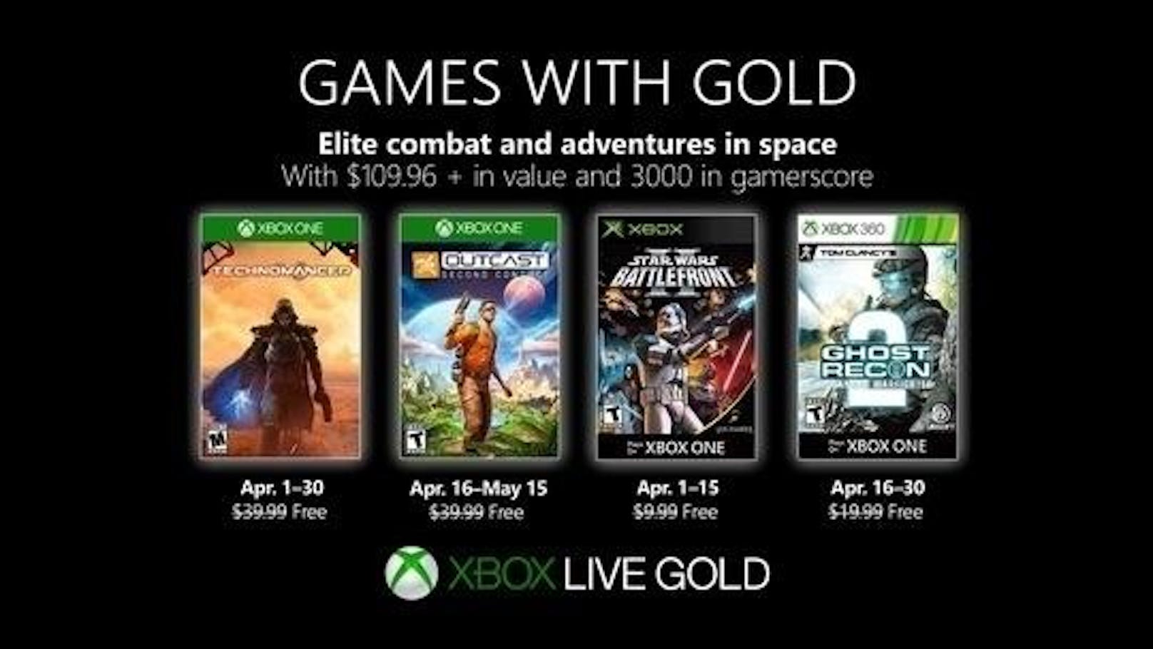 <b>26. März 2019:</b> Im April warten im Rahmen der Games with Gold wieder tolle kostenlose Spiele auf Xbox-Zocker. The Technomancer ist vom 1. bis 30. April auf Xbox One verfügbar, Outcast: Second Contact vom 16. April bis 15. Mai ebenfalls auf Xbox One, Star Wars Republic Commando gibt es vom 1. bis 15. April auf Xbox One und Xbox 360 und Tom Clancys Ghost Recon: Advanced Warfighter 2 vom 16. bis 30. April auf Xbox One und Xbox 360.