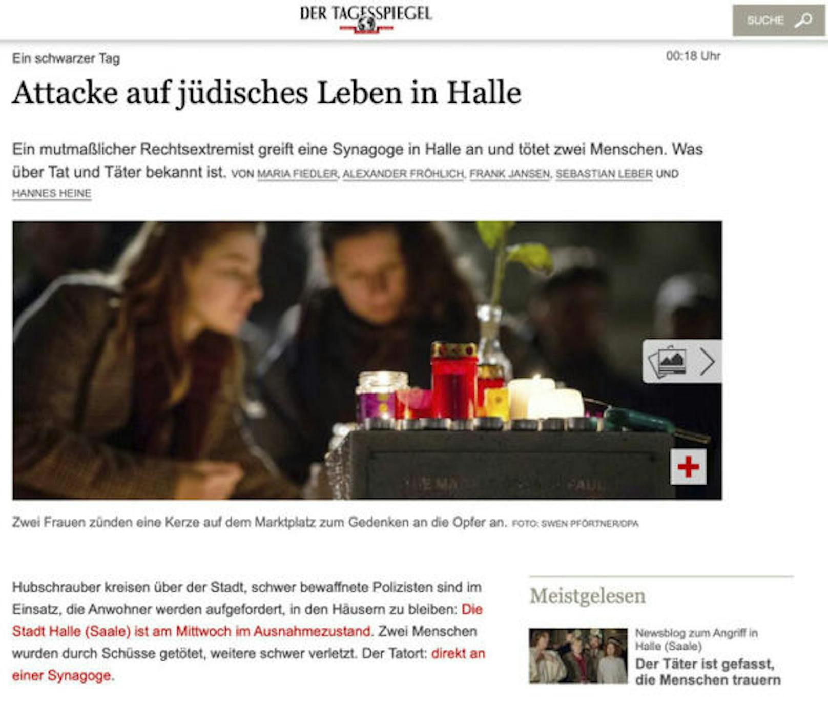 <b>"Attacke auf jüdisches Leben in Halle"</b>
Der "Tagesspiegel" schreibt von einem schwarzen Tag für die jüdische Gemeinschaft, aber auch für Deutschland.