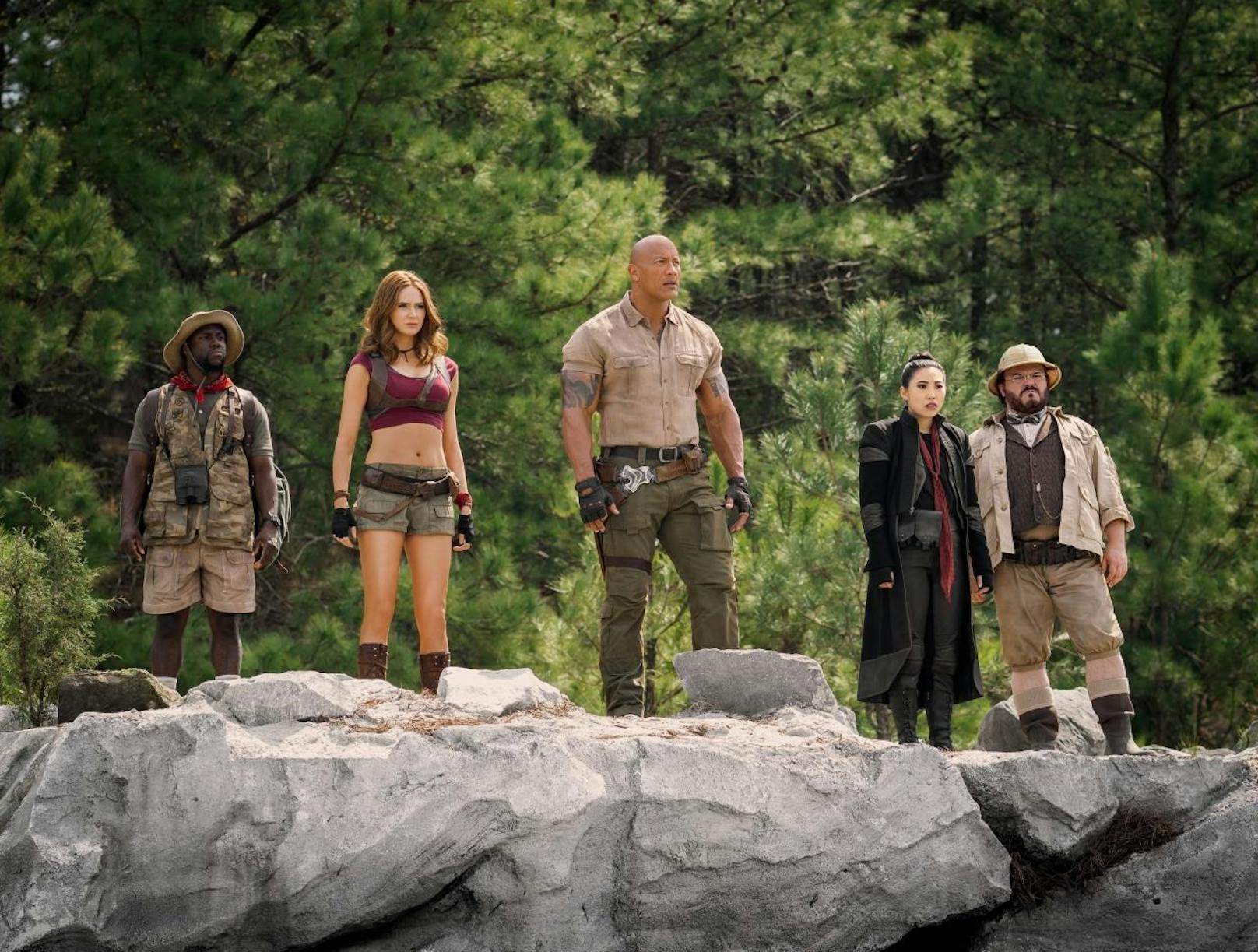 (v.l.): Kevin Hart, Karen Gillan, Dwayne Johnson, Awkwafina u. Jack Black in "Jumanji: The Next Level"