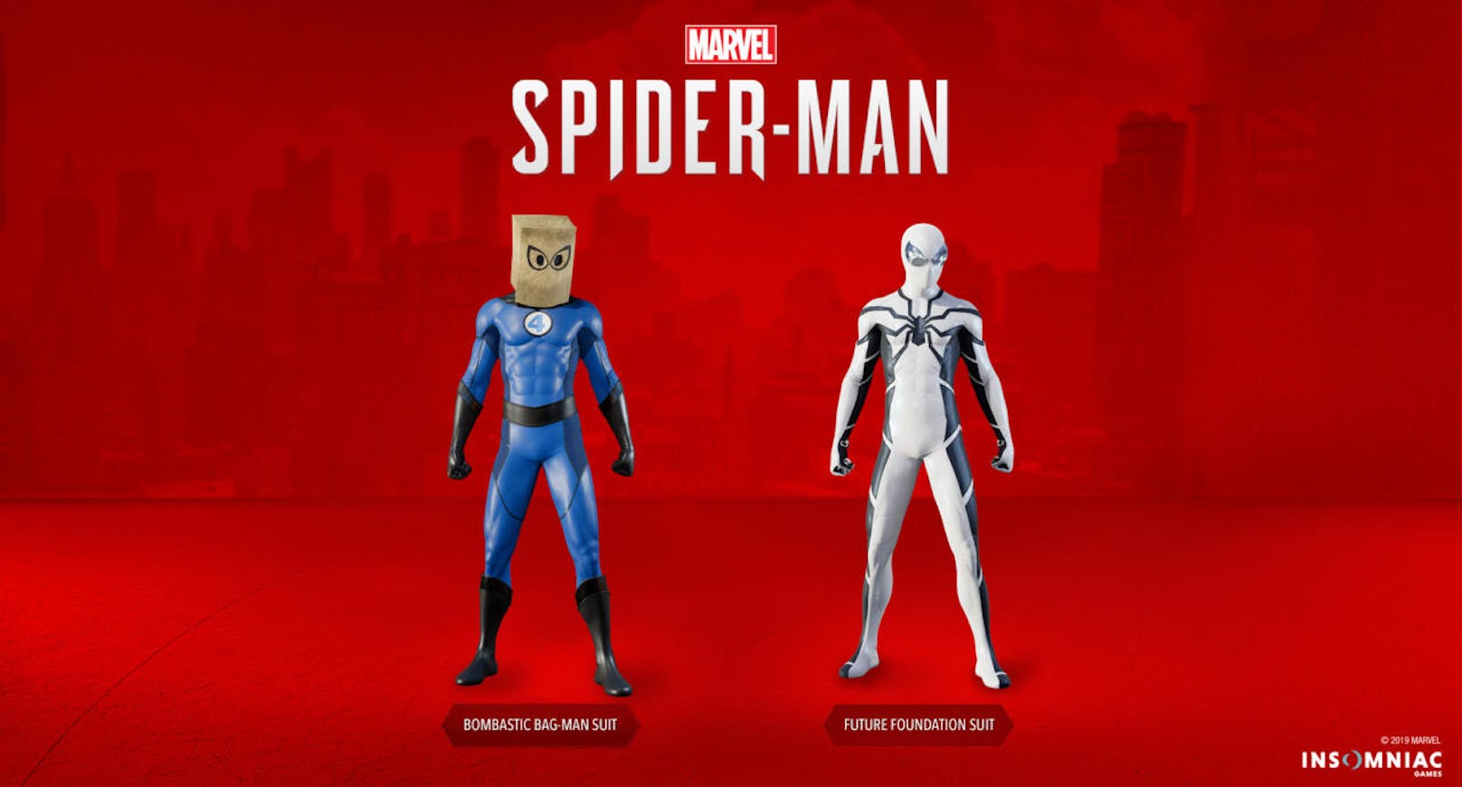 Ab sofort stehen Besitzern von Marvel's Spider-Man mit dem kostenlosen Patch 1.14 zwei neue Anzüge im Spiel zur Verfügung: der "Bombastic Bag-Man"-Anzug und der "Future Foundation"-Anzug. Mit den beiden Anzügen feiern die Fantastic Four ihr Marvel-Comeback. Die Anzüge sind an zwei Comic-Abenteuer von Spider-Man mit den Fantastischen Vier angelehnt. In einem Fall bekam Spidey einen Fantastic-FourAnzug spendiert, die fehlende Maske wurde durch eine Papiertüte ersetzt. Im anderen Fall wurde Spidey ein Teil der Fantastic Four unter dem Titel "The Future Foundation" und bekam sein schwarz-weißes Kostüm.