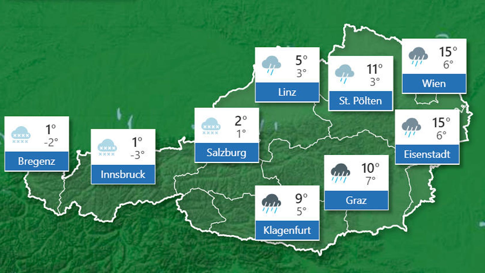 <b>Sonntag, 17. November 2019</b>
Der Sonntag beginnt von Vorarlberg bis Oberkärnten mit teils kräftigem Regen, die Schneefallgrenze liegt von West nach Ost zwischen 700 und 1400 Meter. Tagsüber verlagern sich Regen und Schneefall unter Abschwächung ostwärts in Richtung Steiermark. Ganz im Osten scheint zunächst die Sonne, am Nachmittag beginnt es aber auch hier zu regnen. Vom Inn- bis ins Waldviertel bleibt es meist trocken mit kurzen Auflockerungen. Die Schneefallgrenze liegt von West nach Ost zwischen 700 und 1700 Meter. Die Temperaturen steigen auf 1 Grad im Westen und auf bis zu 17 Grad im Osten.